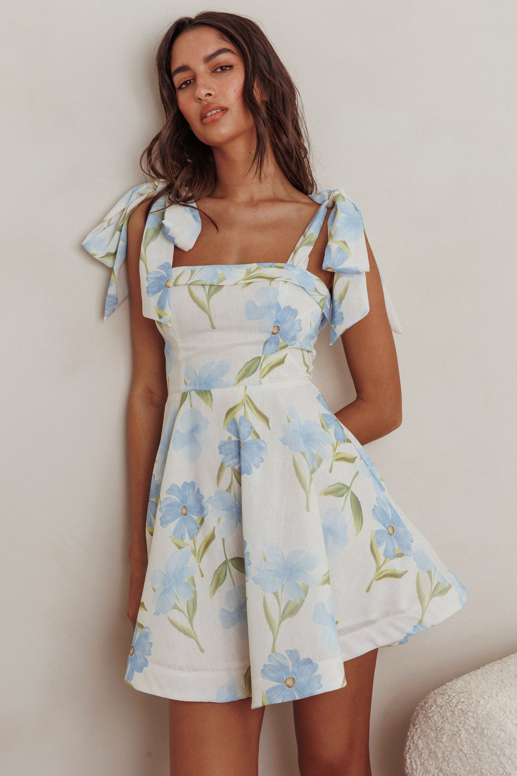 Jeanie Tied Shoulder Mini Dress Flower Blue by Selfie Leslie