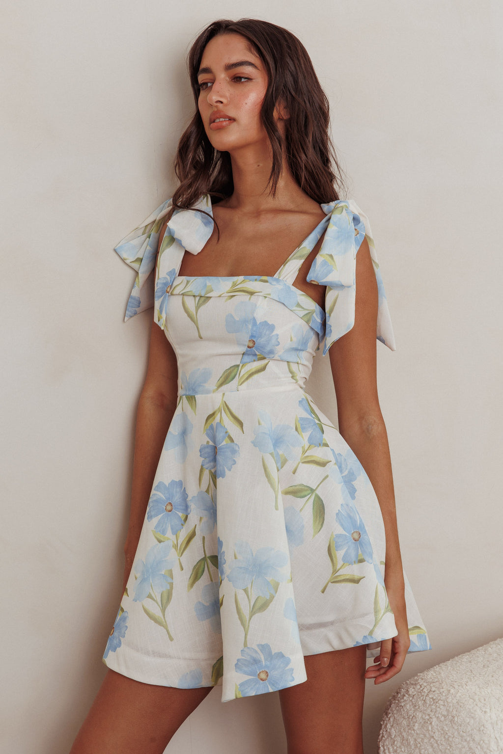 Jeanie Tied Shoulder Mini Dress Flower Blue by Selfie Leslie