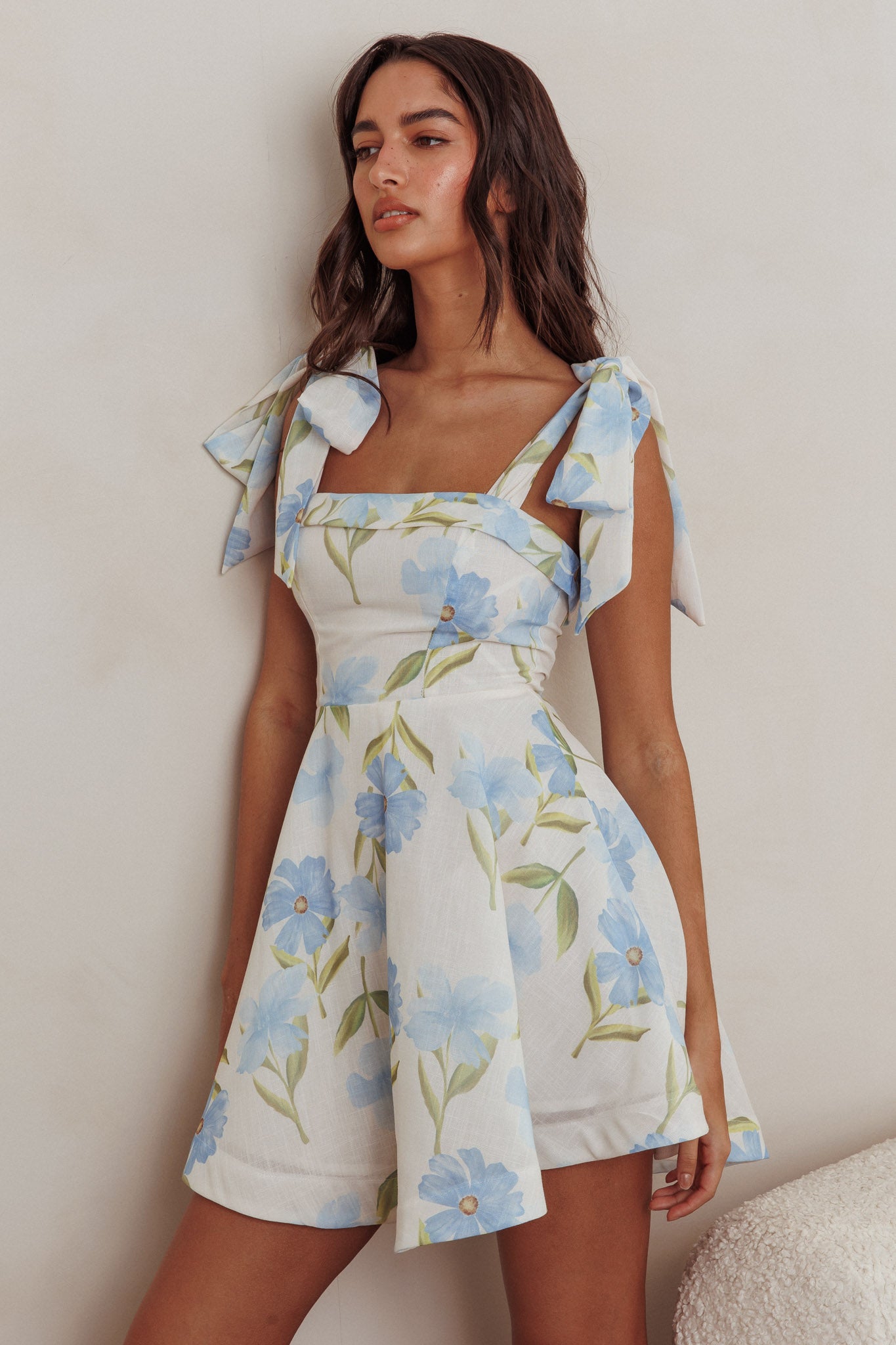 Jeanie Tied Shoulder Mini Dress Flower Blue by Selfie Leslie