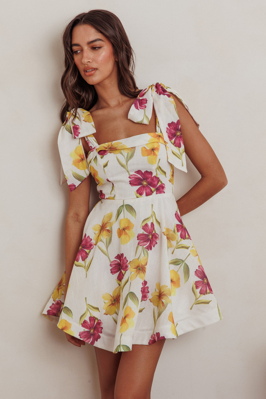 Jeanie Tied Shoulder Mini Dress Flower Purple by Selfie Leslie