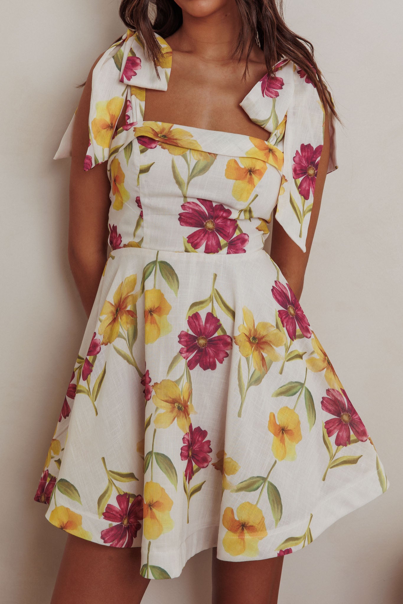 Jeanie Tied Shoulder Mini Dress Flower Purple by Selfie Leslie