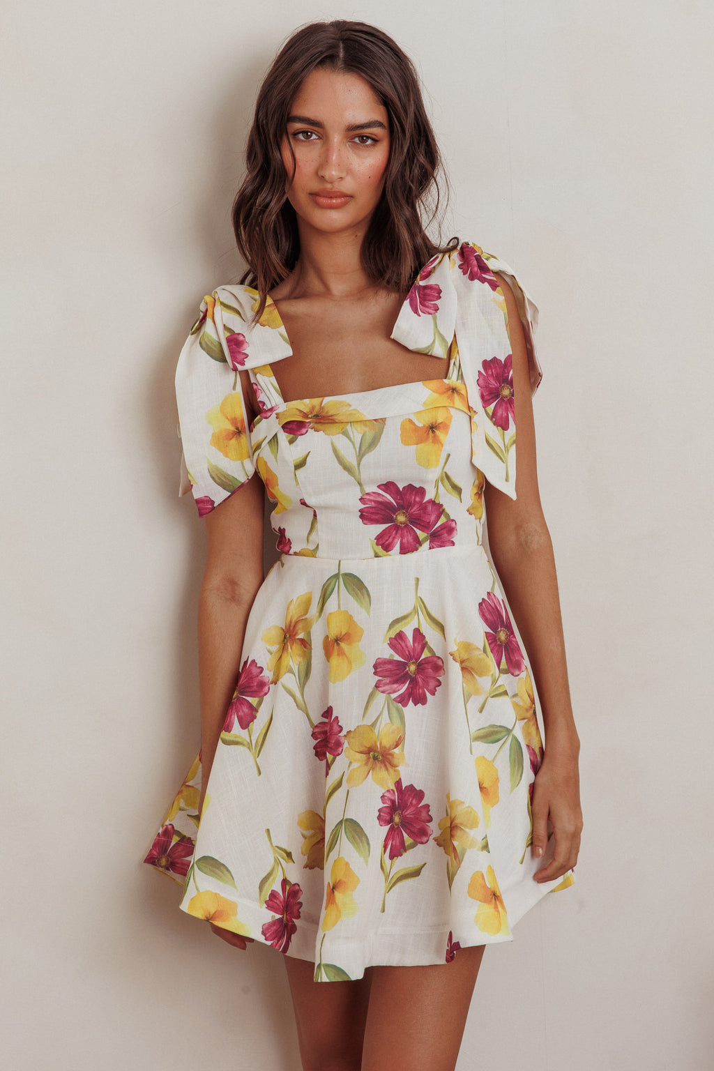 Jeanie Tied Shoulder Mini Dress Flower Purple by Selfie Leslie