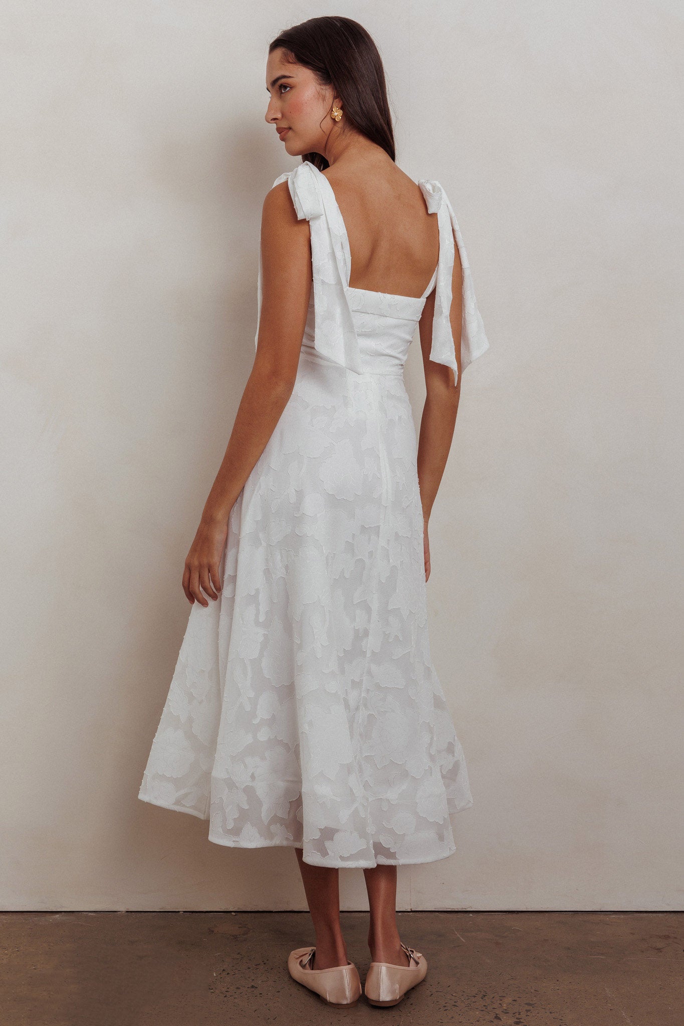 Jeanie Bow Shoulder Midi Dress Embossed White by Selfie Leslie