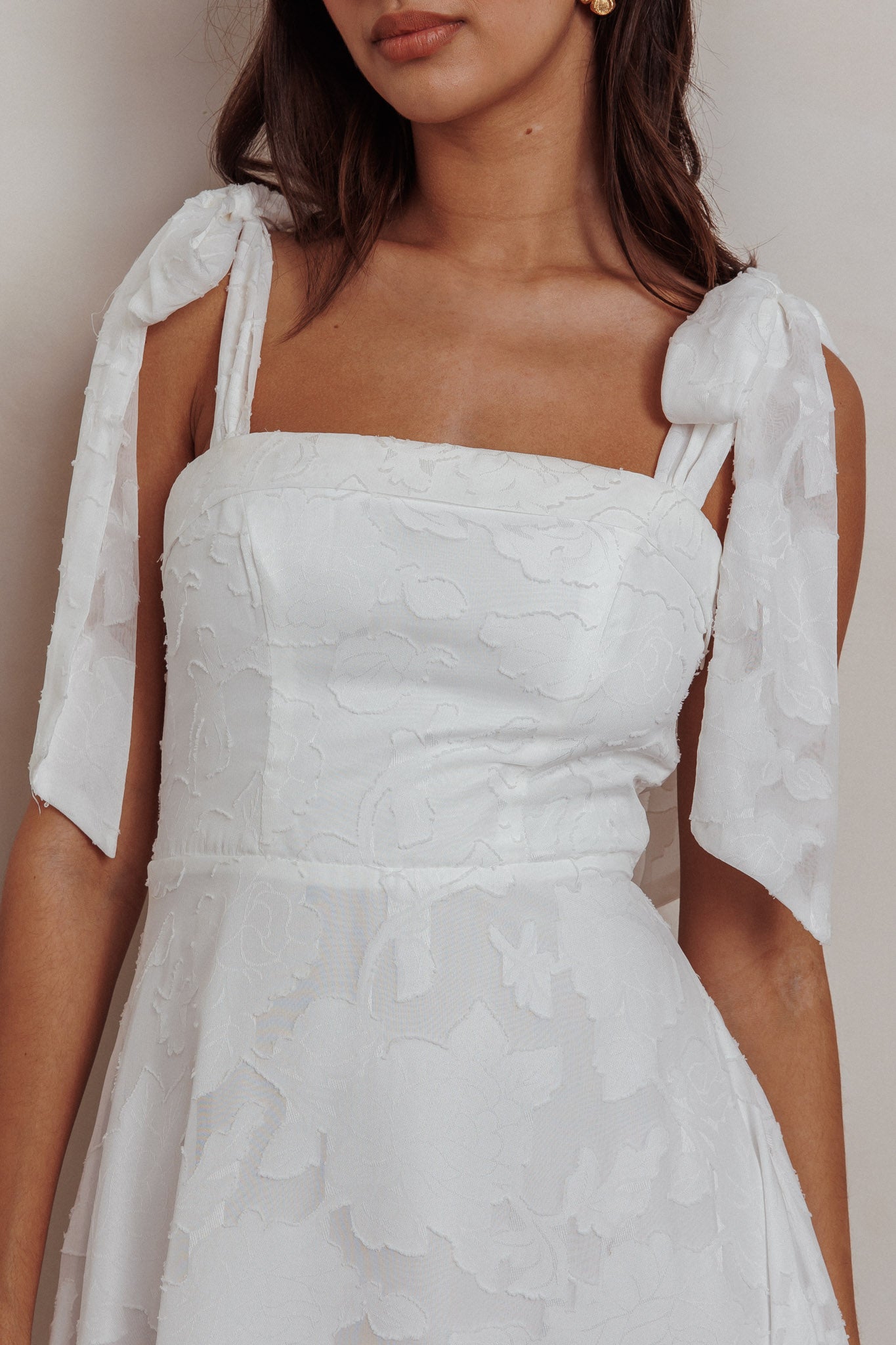 Jeanie Bow Shoulder Midi Dress Embossed White by Selfie Leslie