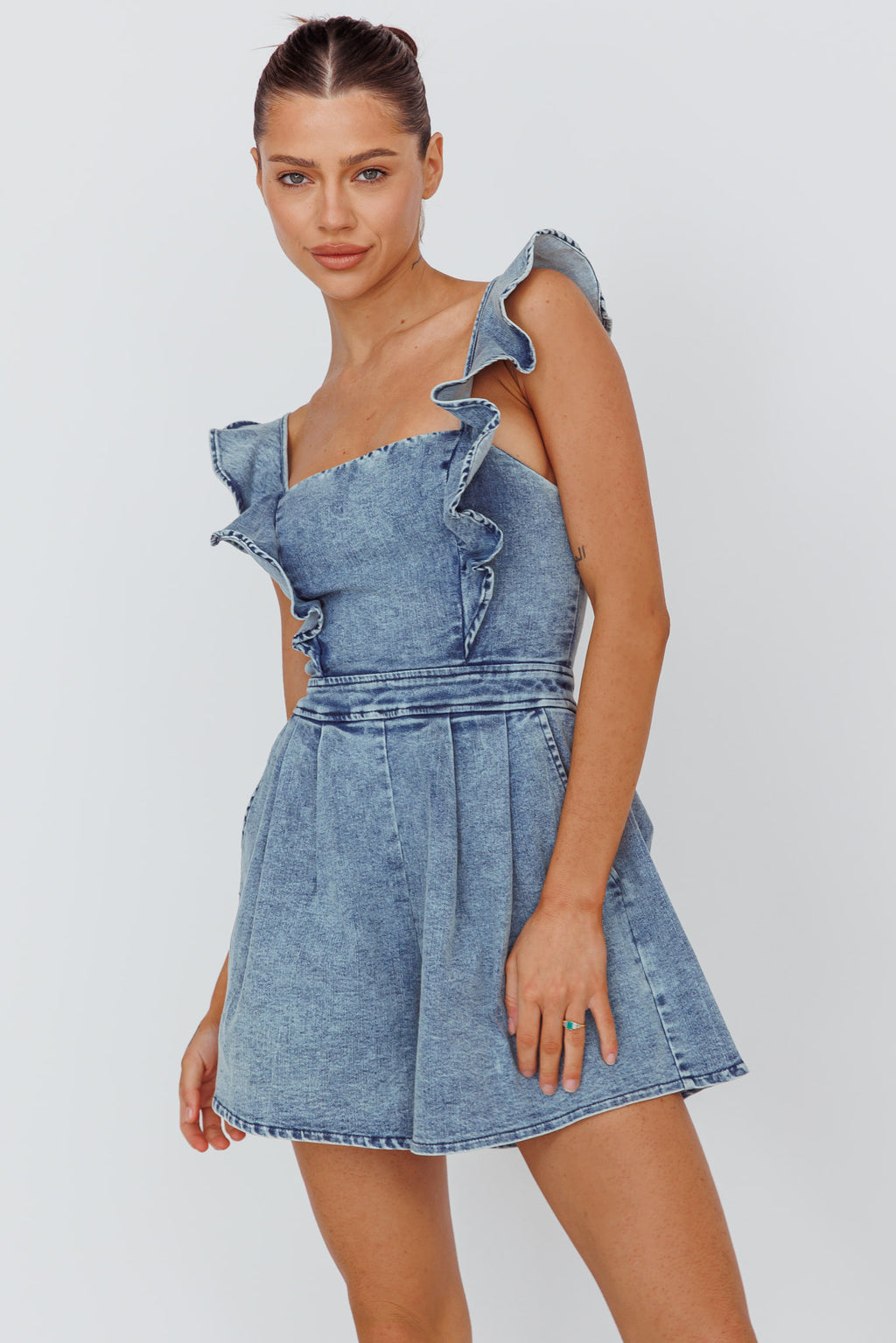 Nola Flared Ruffle Romper Denim by Selfie Leslie