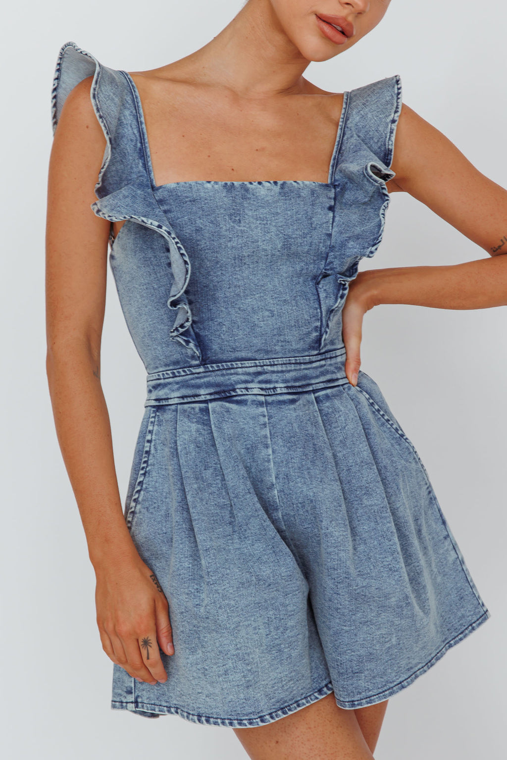 Nola Flared Ruffle Romper Denim by Selfie Leslie