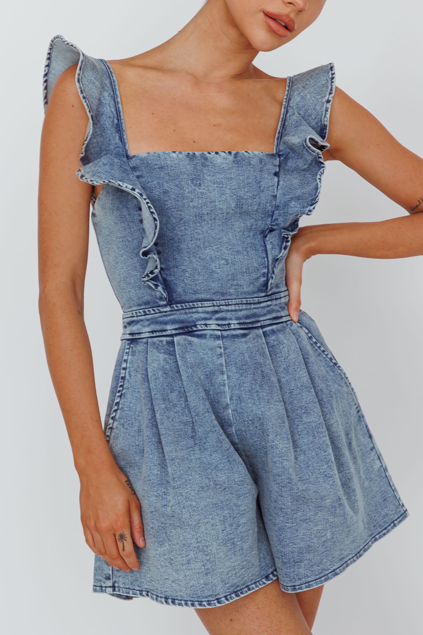 Nola Flared Ruffle Romper Denim by Selfie Leslie