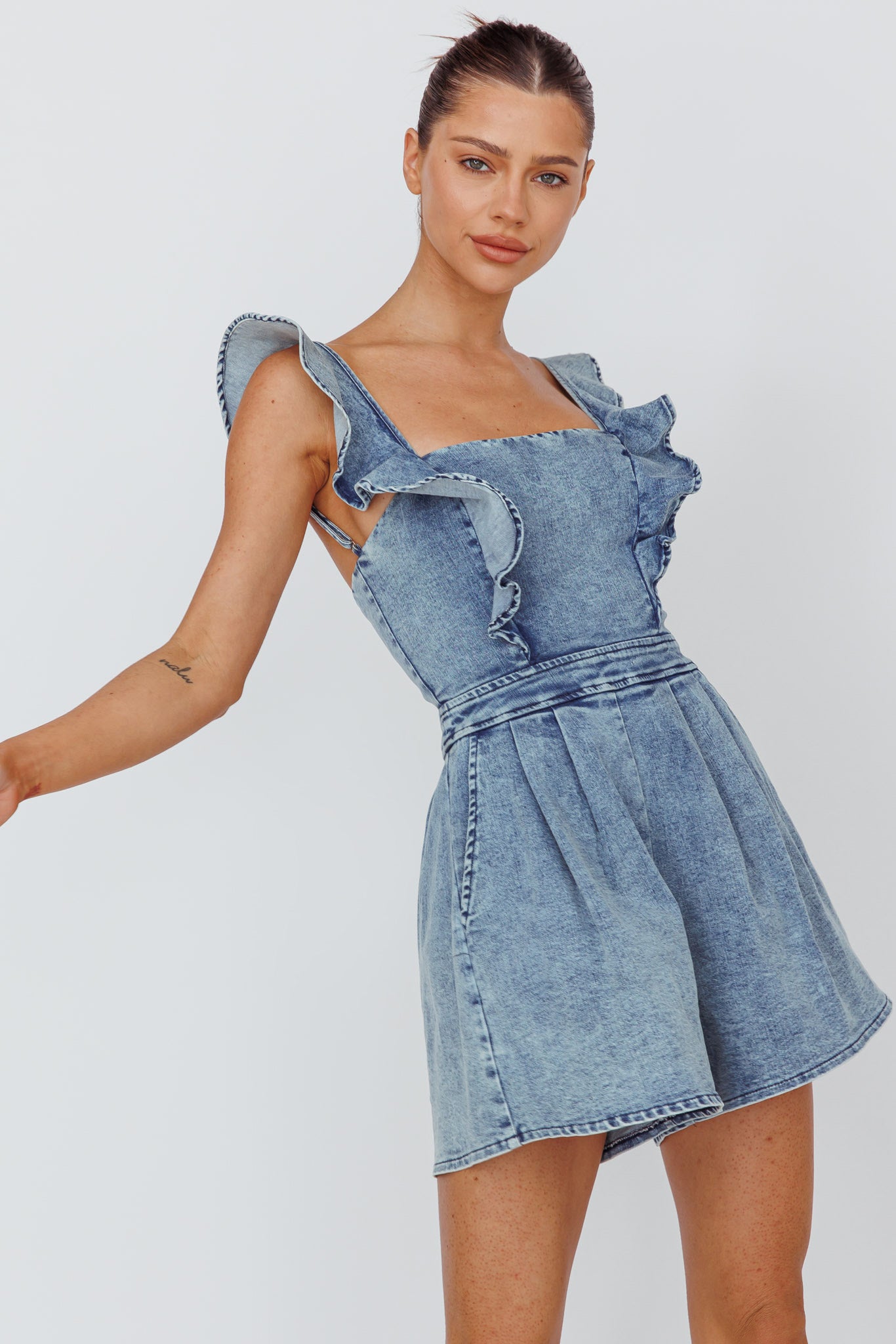 Nola Flared Ruffle Romper Denim by Selfie Leslie