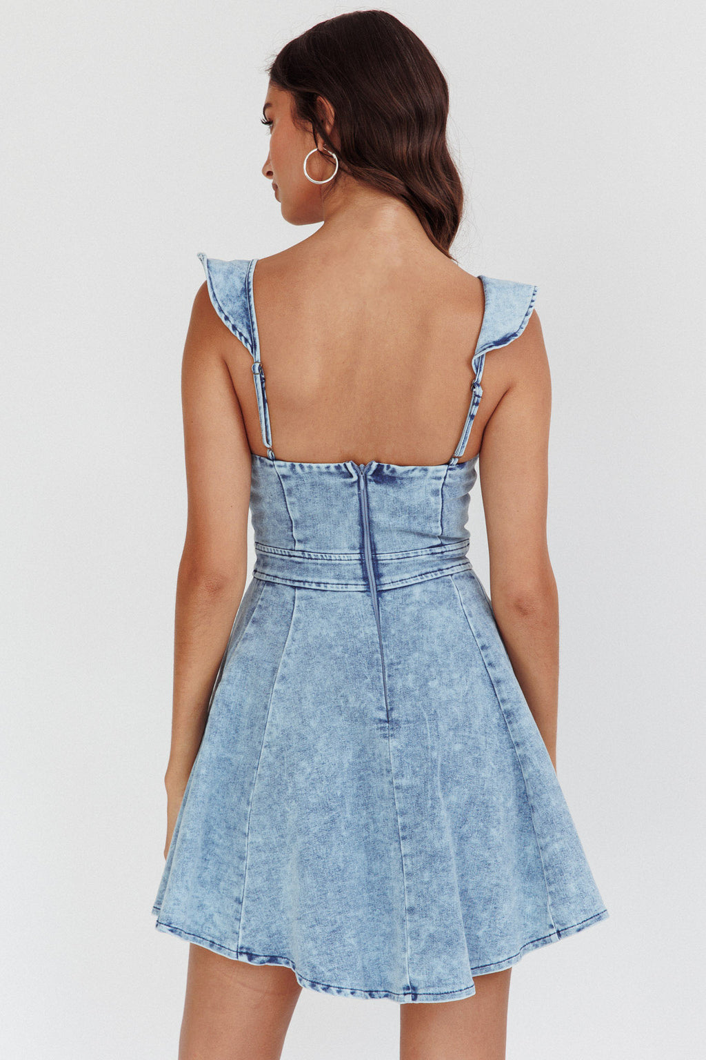 Nola Ruffle Strap Mini Dress Light Denim by Selfie Leslie