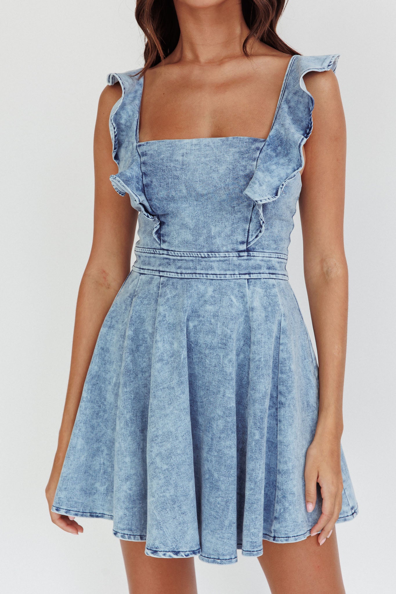 Nola Ruffle Strap Mini Dress Light Denim by Selfie Leslie