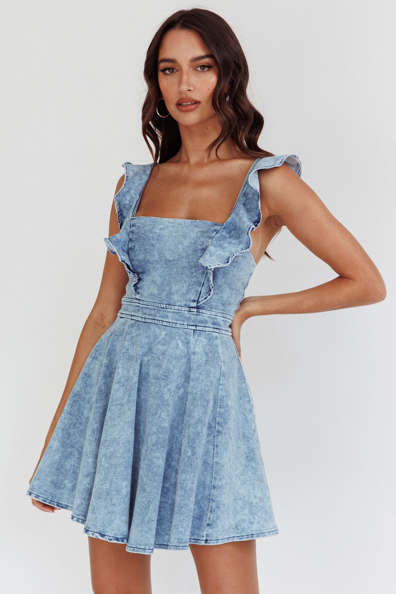 denim dress with frills Floral Ruffle Layered Medium / S square neckline Nola Ruffle Strap Mini Dress