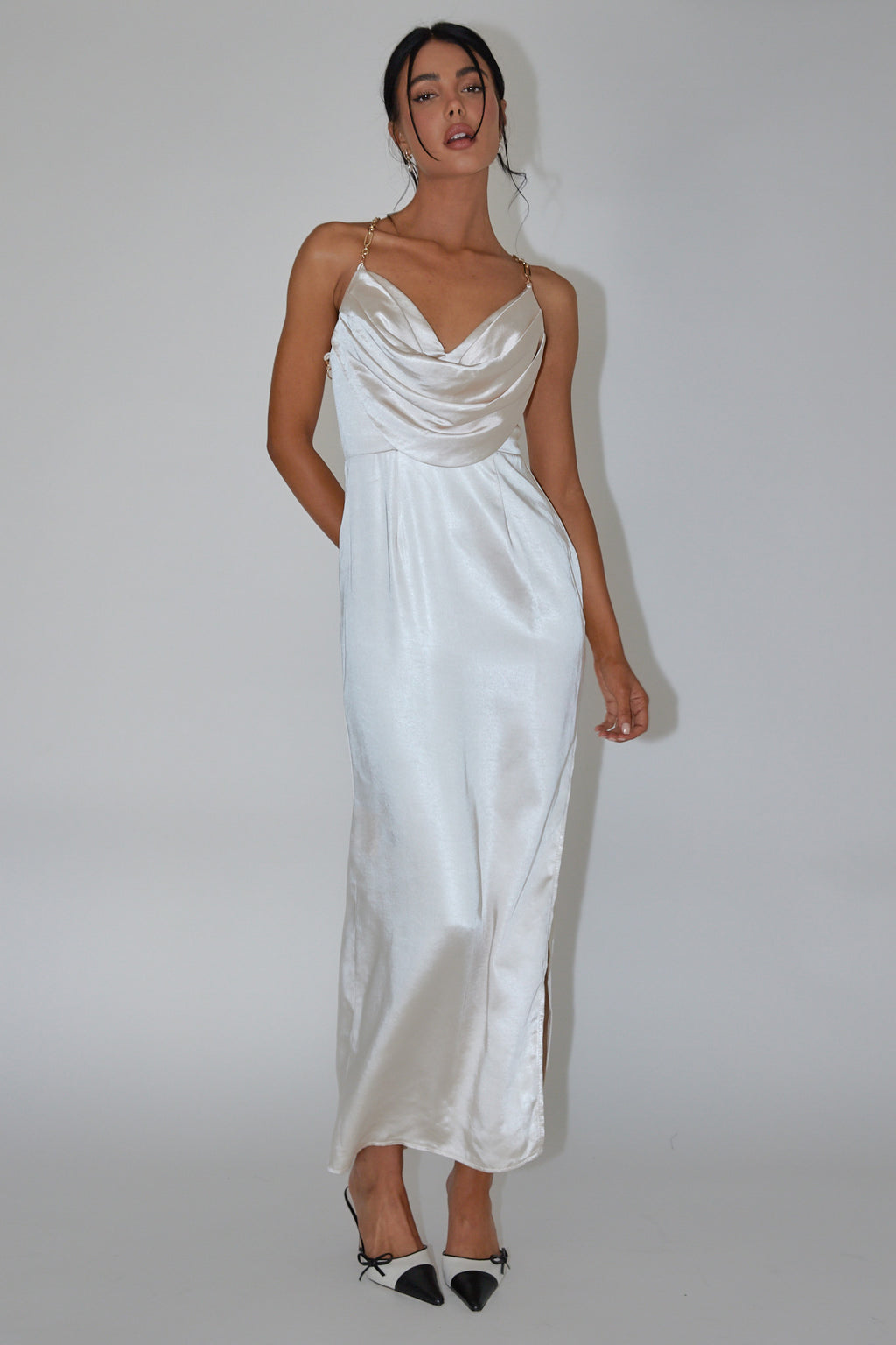 Emanuella Chain Strap Satin Midi Dress Champagne by Selfie Leslie
