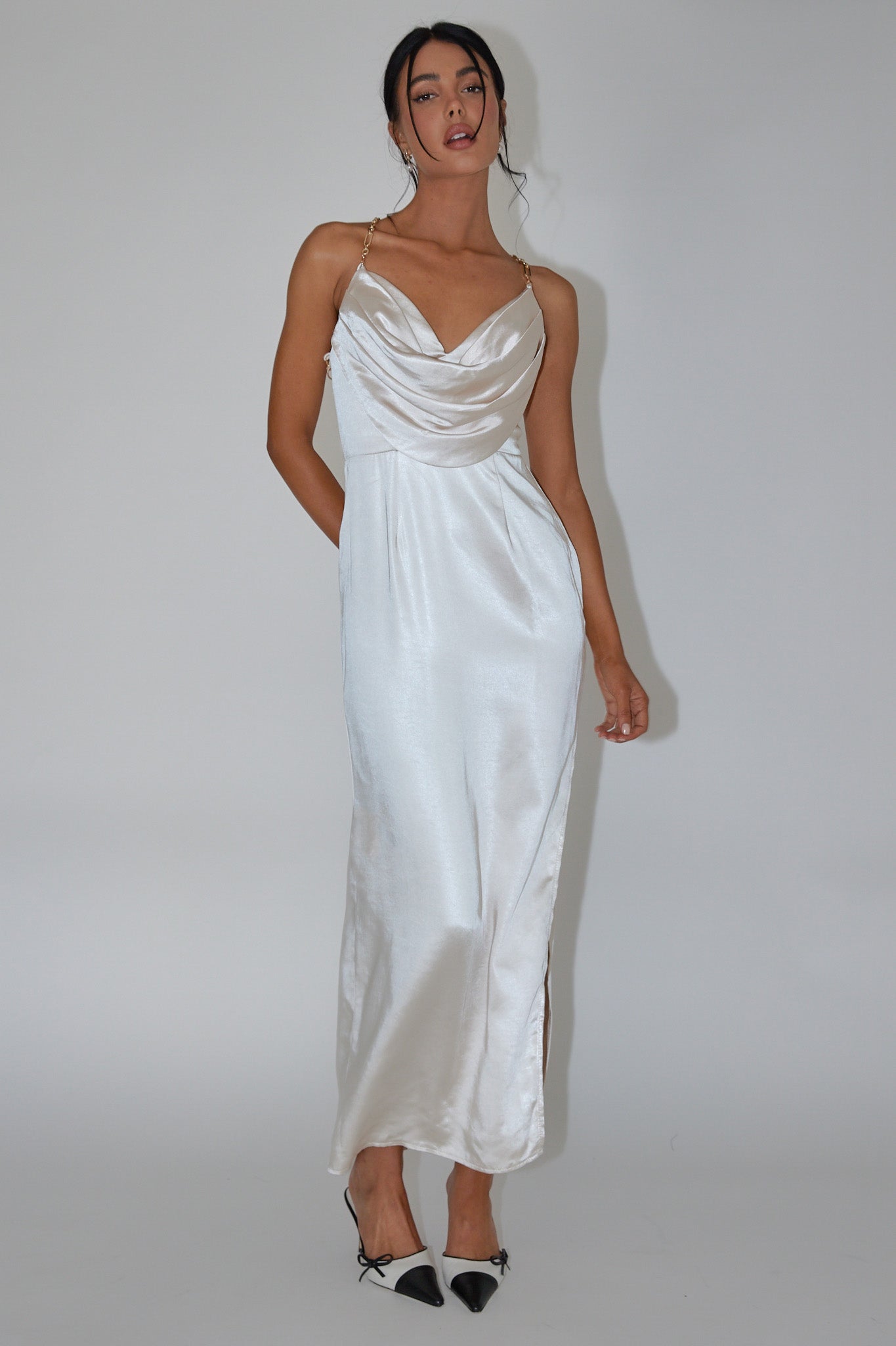 Emanuella Chain Strap Satin Midi Dress Champagne by Selfie Leslie