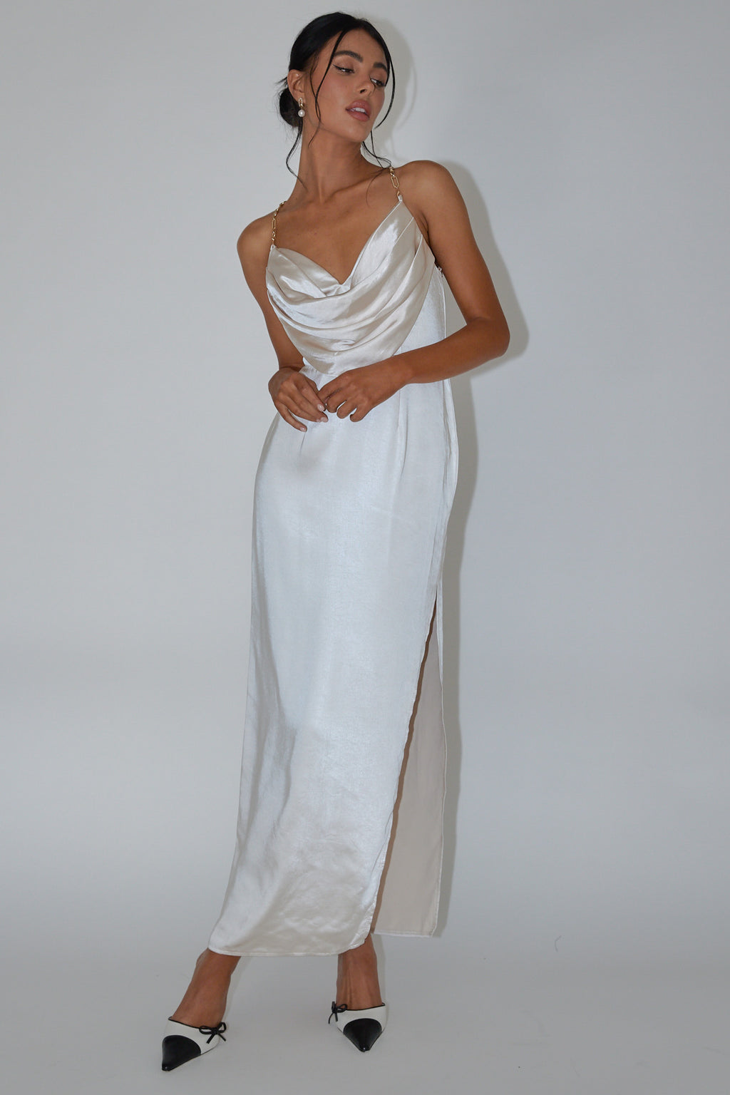 Emanuella Chain Strap Satin Midi Dress Champagne by Selfie Leslie