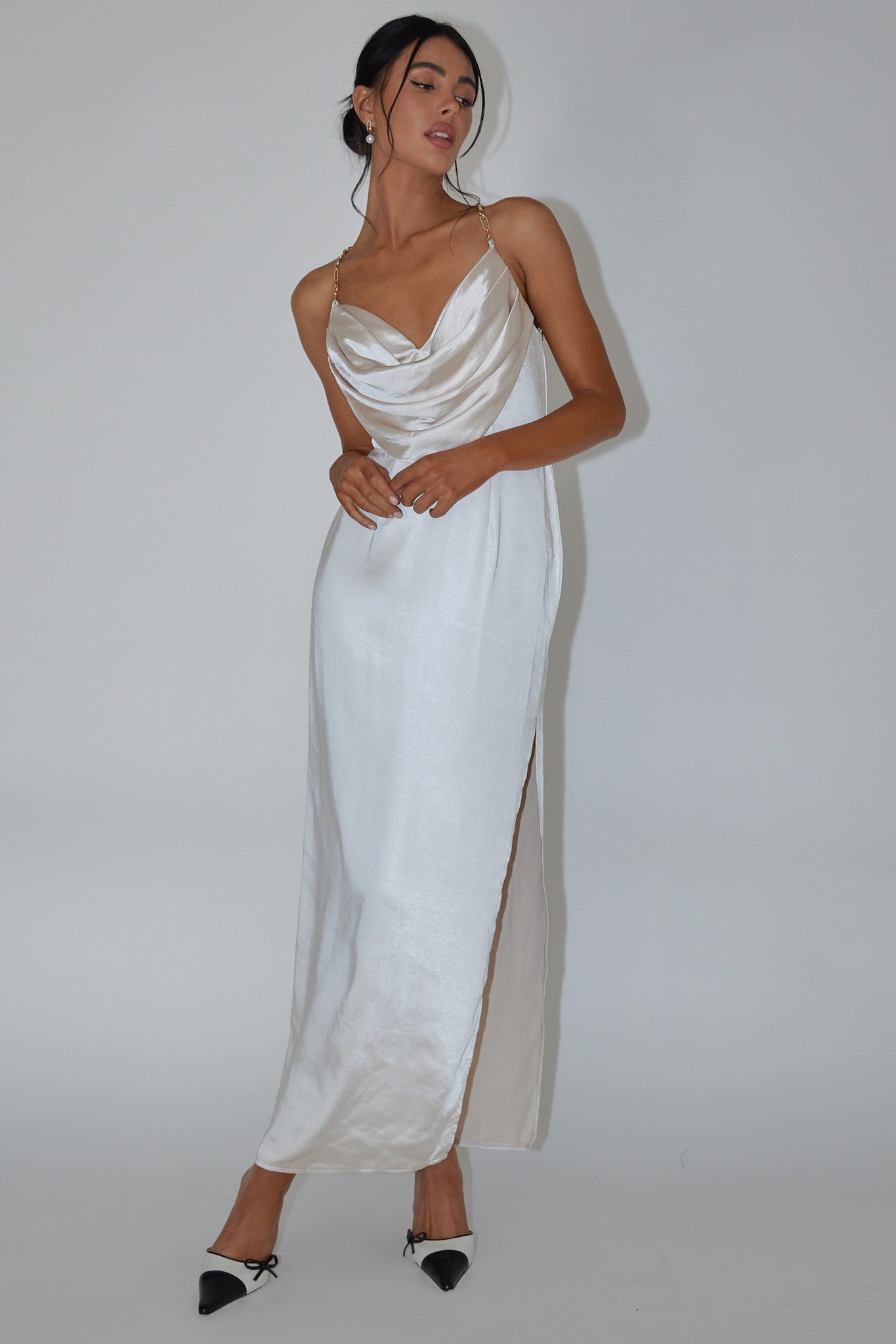 Emanuella Chain Strap Satin Midi Dress Champagne by Selfie Leslie