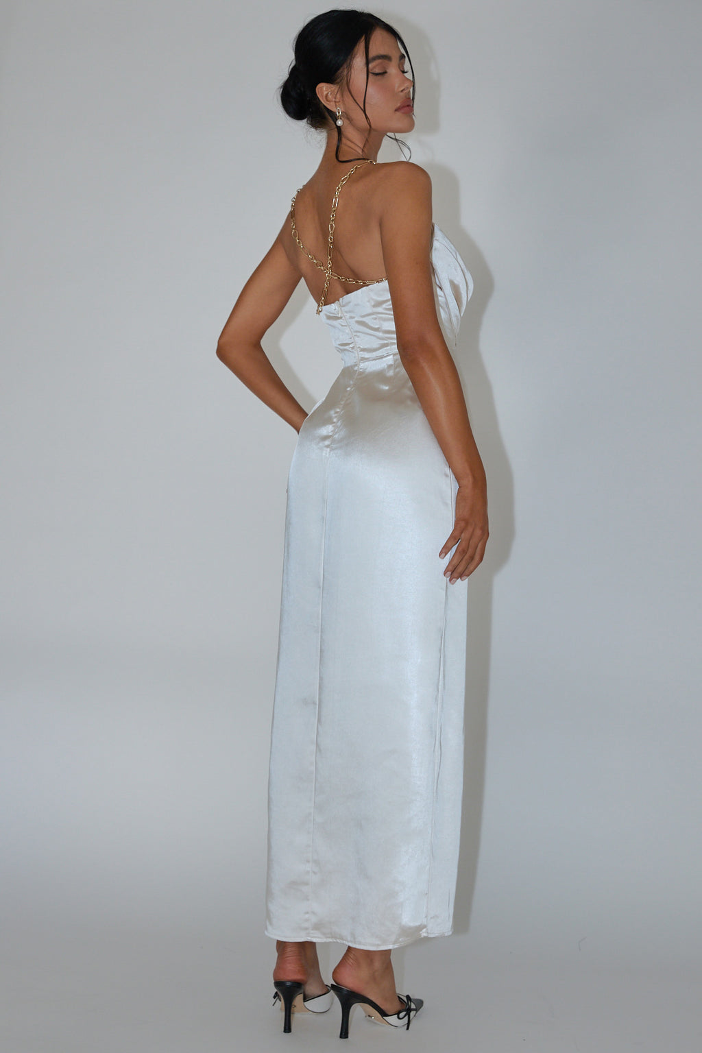 Emanuella Chain Strap Satin Midi Dress Champagne by Selfie Leslie