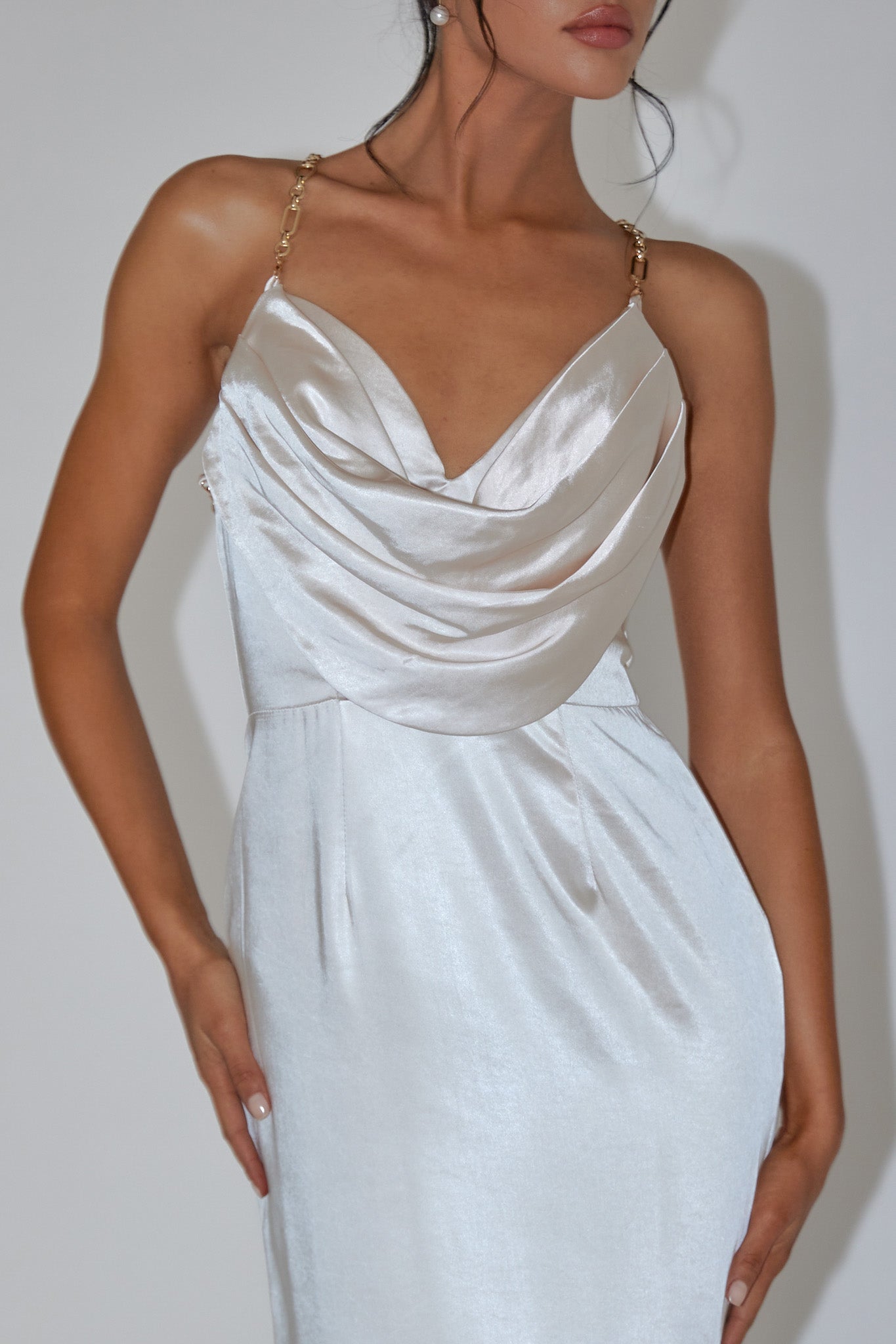 Emanuella Chain Strap Satin Midi Dress Champagne by Selfie Leslie