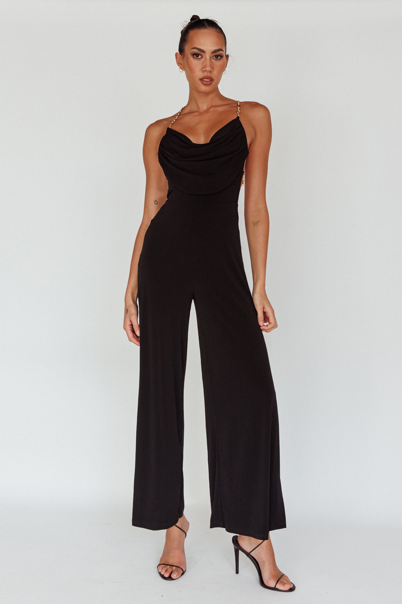 Emanuella Chain Strap Jumpsuit Black by Selfie Leslie