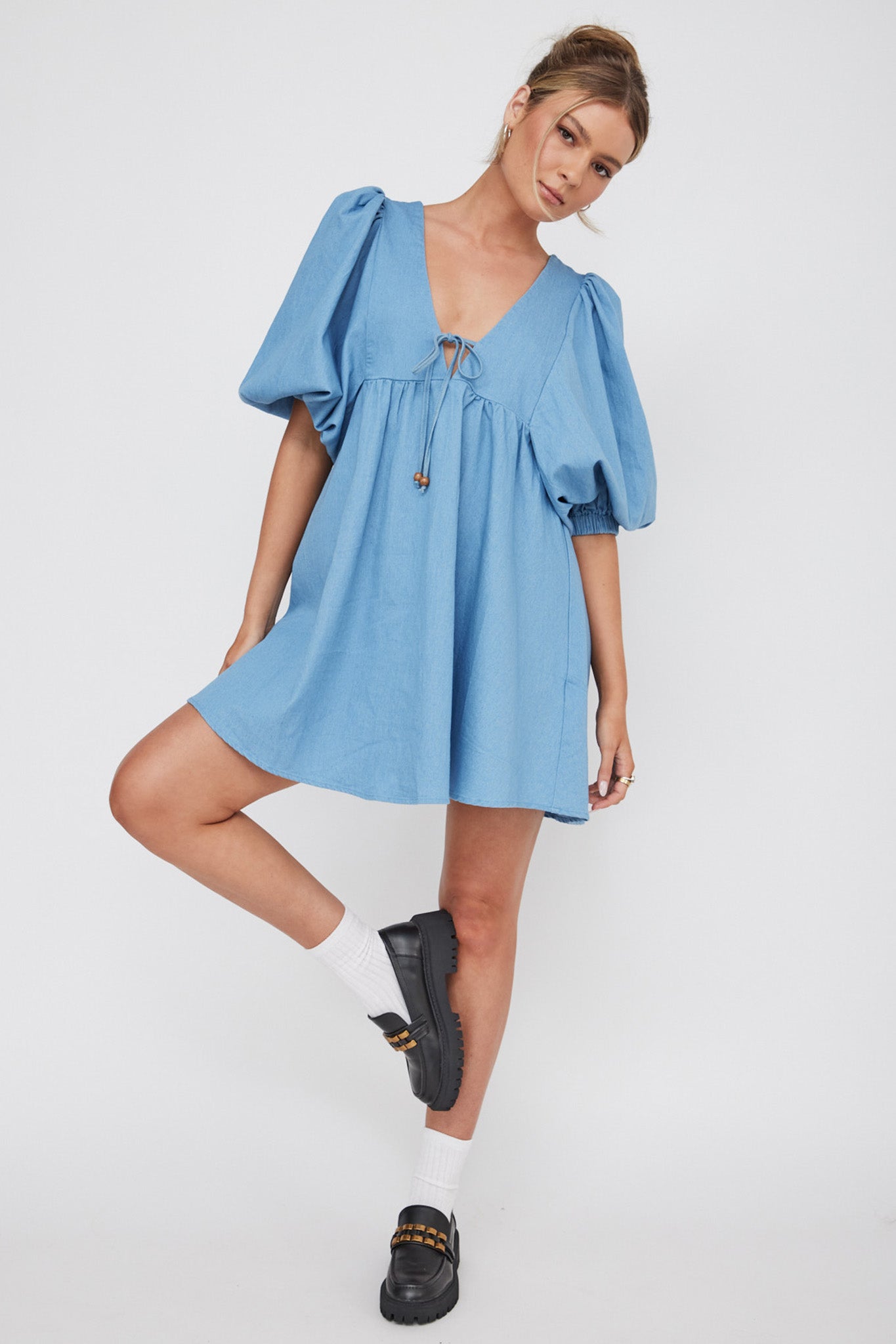 New Haven Puff Sleeve Swing Dress Denim by Selfie Leslie