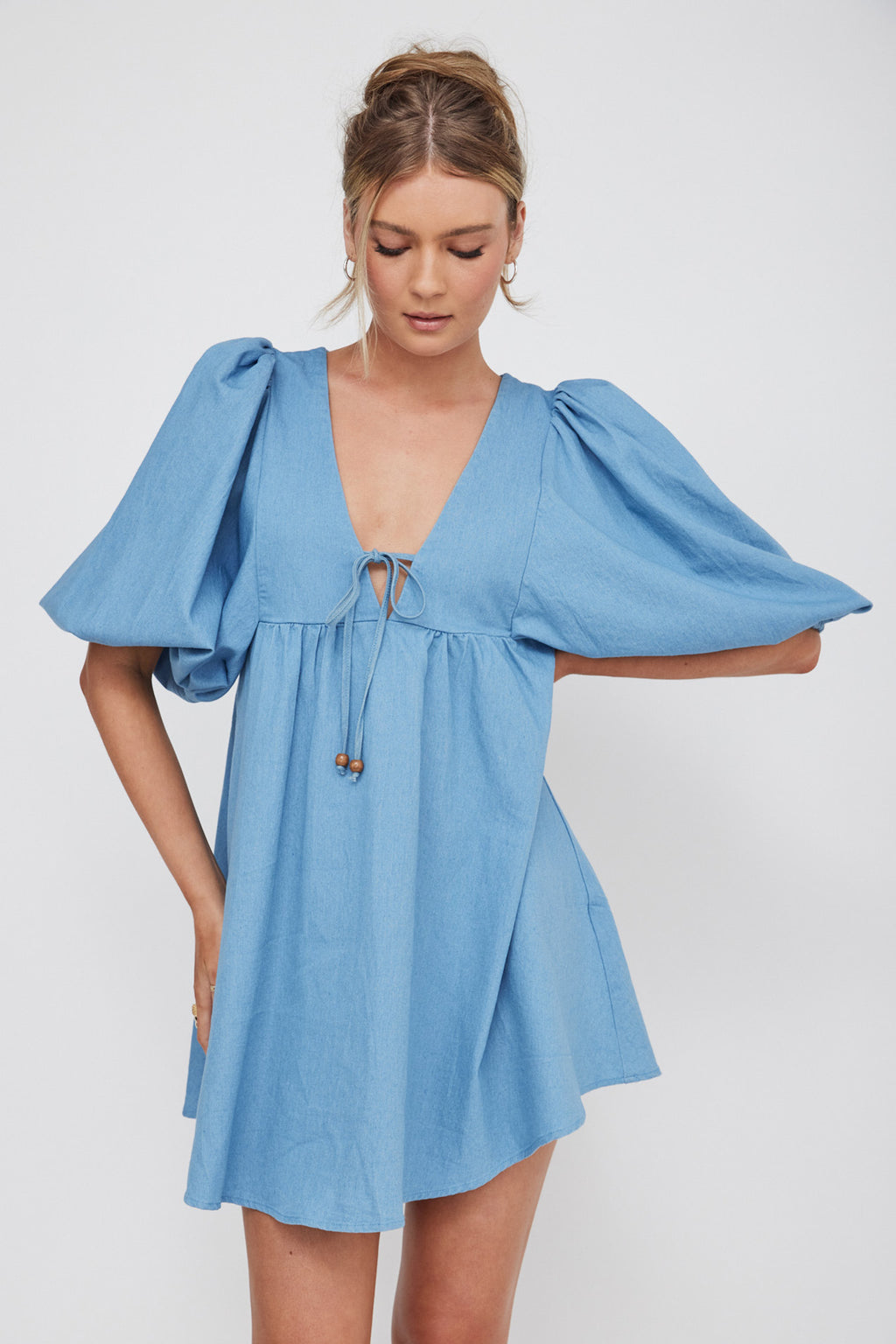 New Haven Puff Sleeve Swing Dress Denim by Selfie Leslie