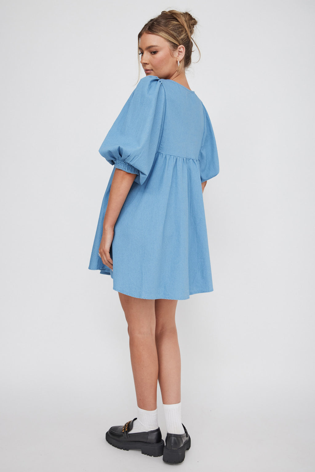New Haven Puff Sleeve Swing Dress Denim by Selfie Leslie