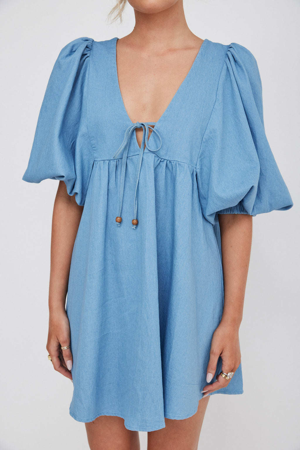 New Haven Puff Sleeve Swing Dress Denim by Selfie Leslie