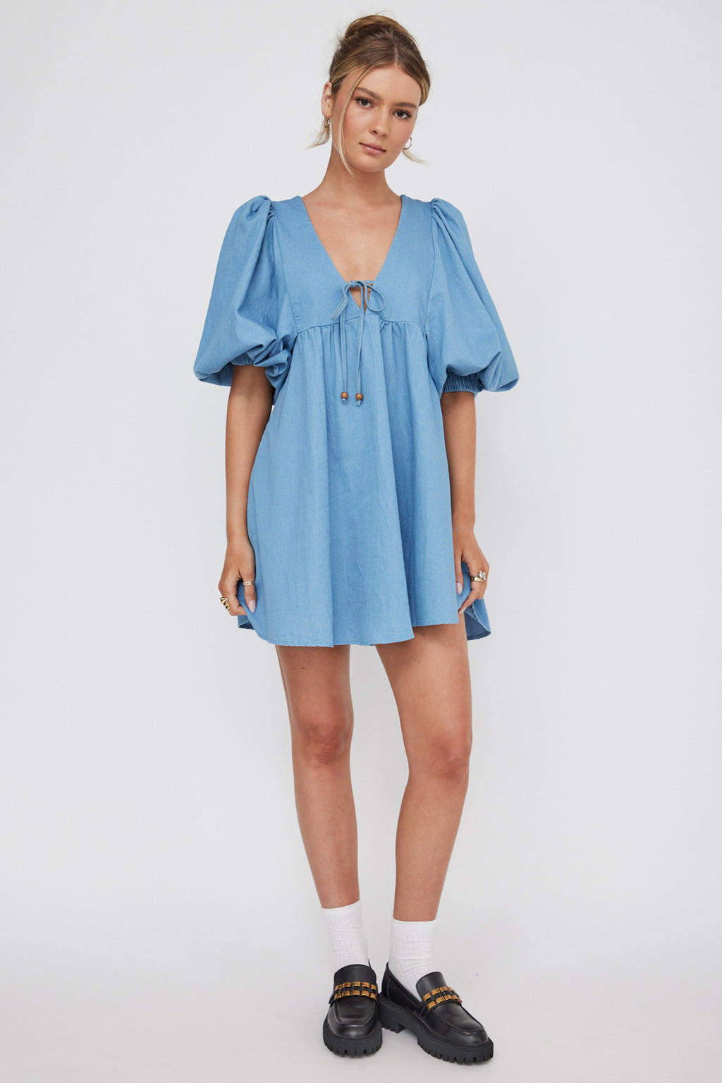 New Haven Puff Sleeve Swing Dress Denim by Selfie Leslie