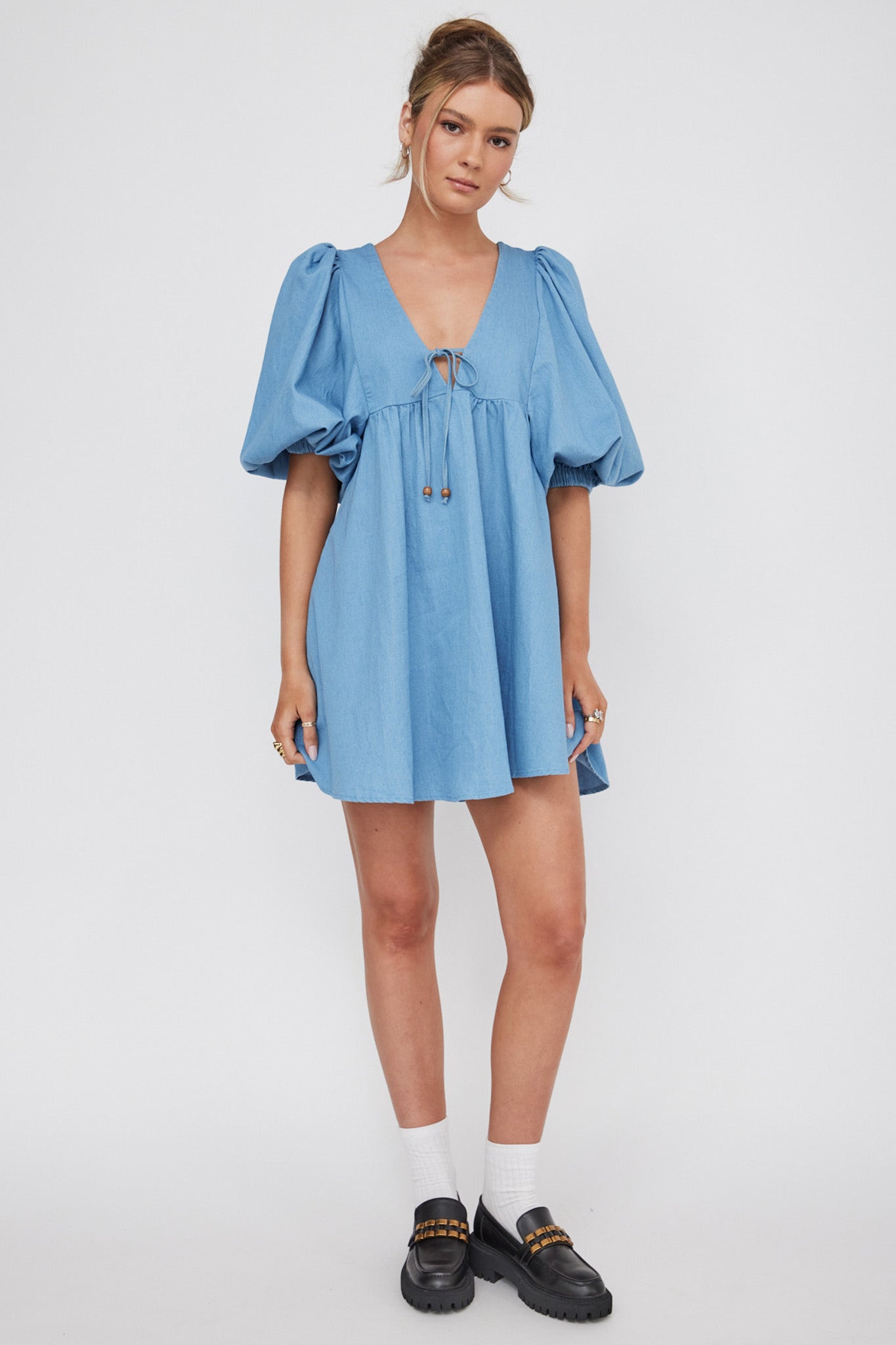 New Haven Puff Sleeve Swing Dress Denim by Selfie Leslie
