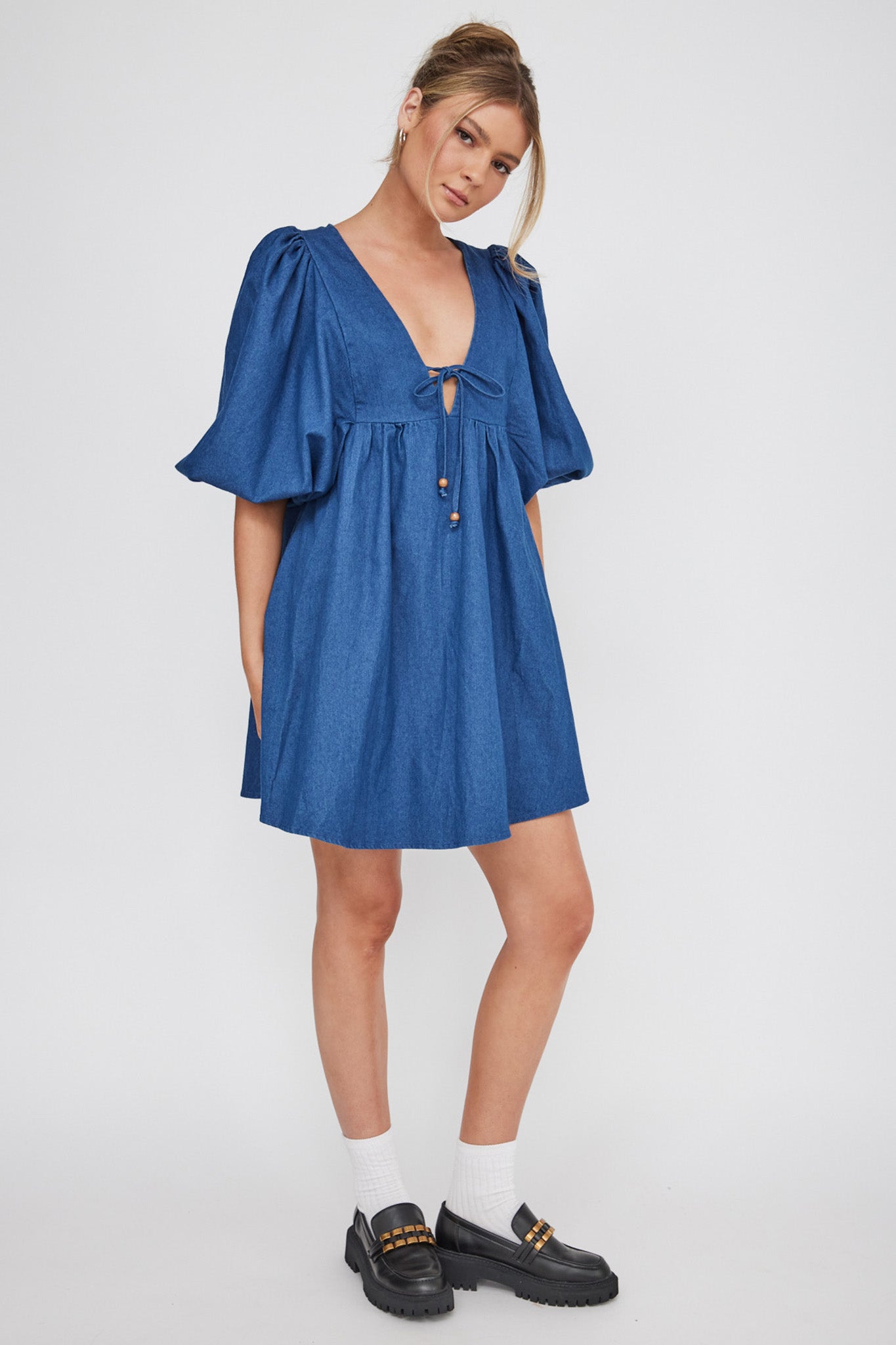 New Haven Puff Sleeve Swing Dress Indigo by Selfie Leslie