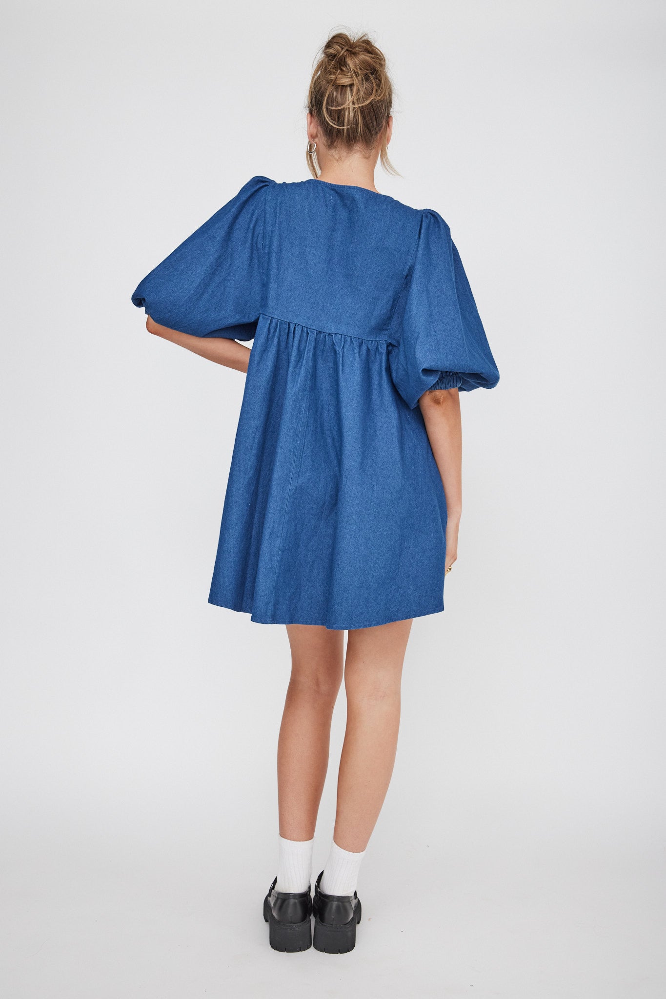 New Haven Puff Sleeve Swing Dress Indigo by Selfie Leslie