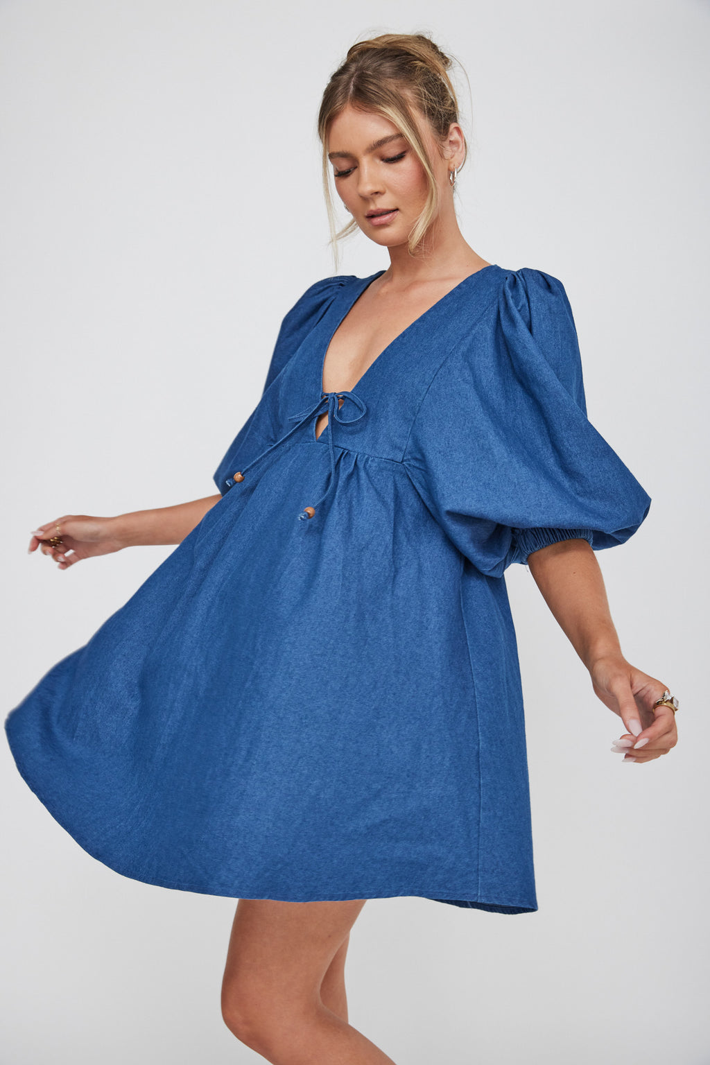 New Haven Puff Sleeve Swing Dress Indigo by Selfie Leslie