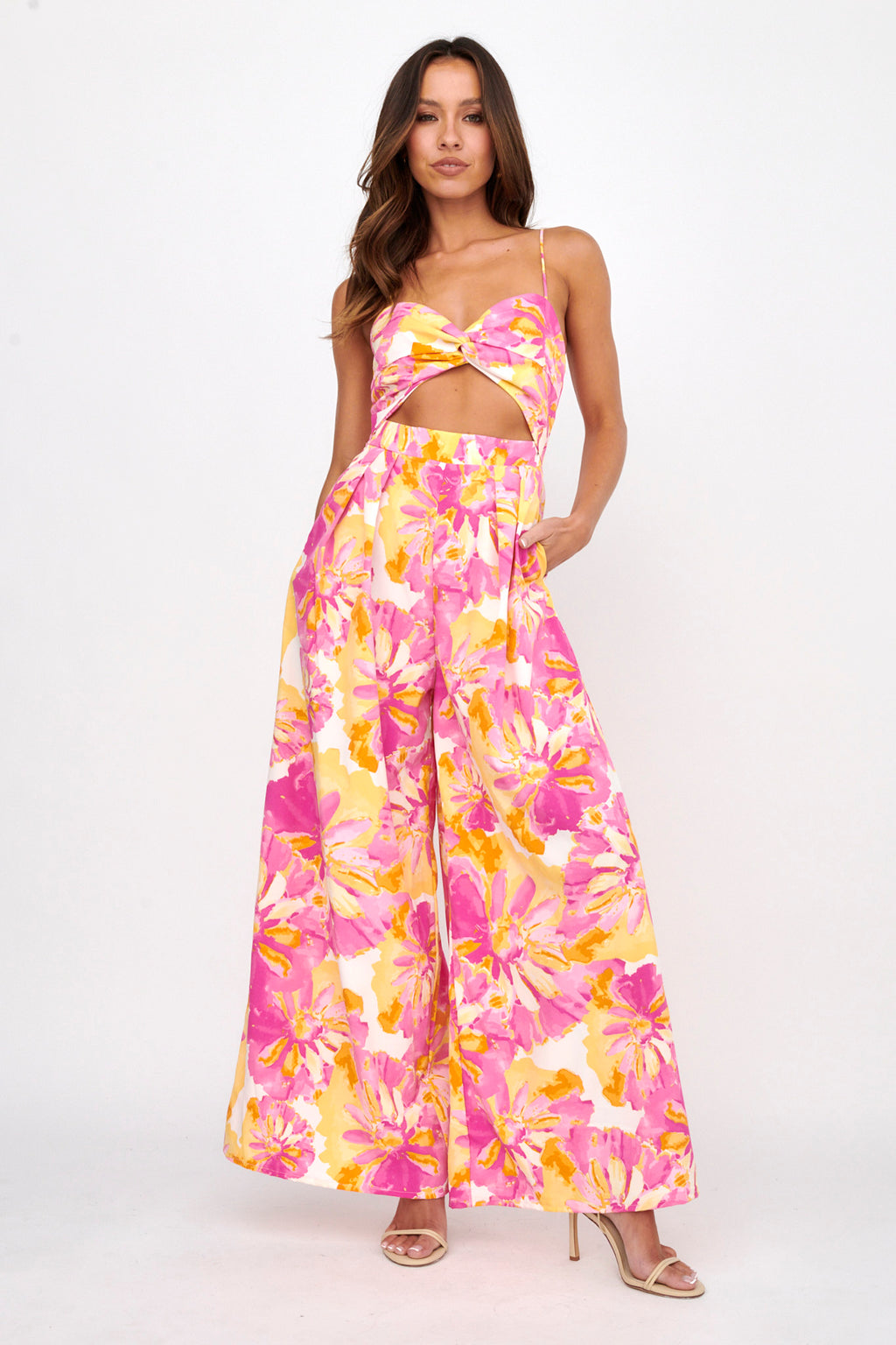 Tammi Cut-Out Waist Jumpsuit Floral Blush by Selfie Leslie