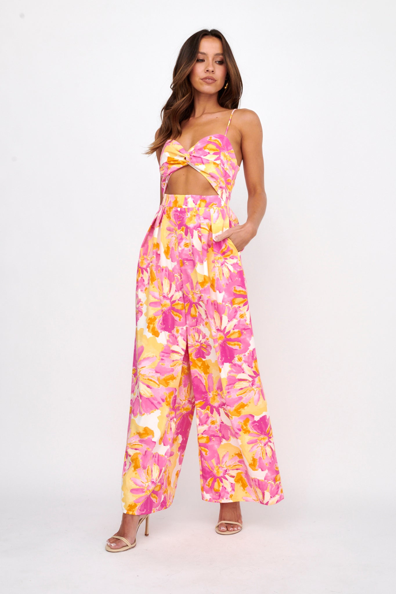 Tammi Cut-Out Waist Jumpsuit Floral Blush by Selfie Leslie