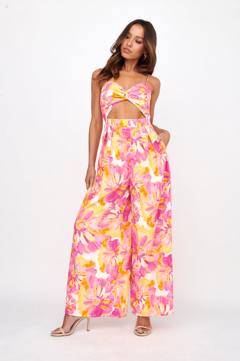 Tammi Cut-Out Waist Jumpsuit Floral Blush by Selfie Leslie