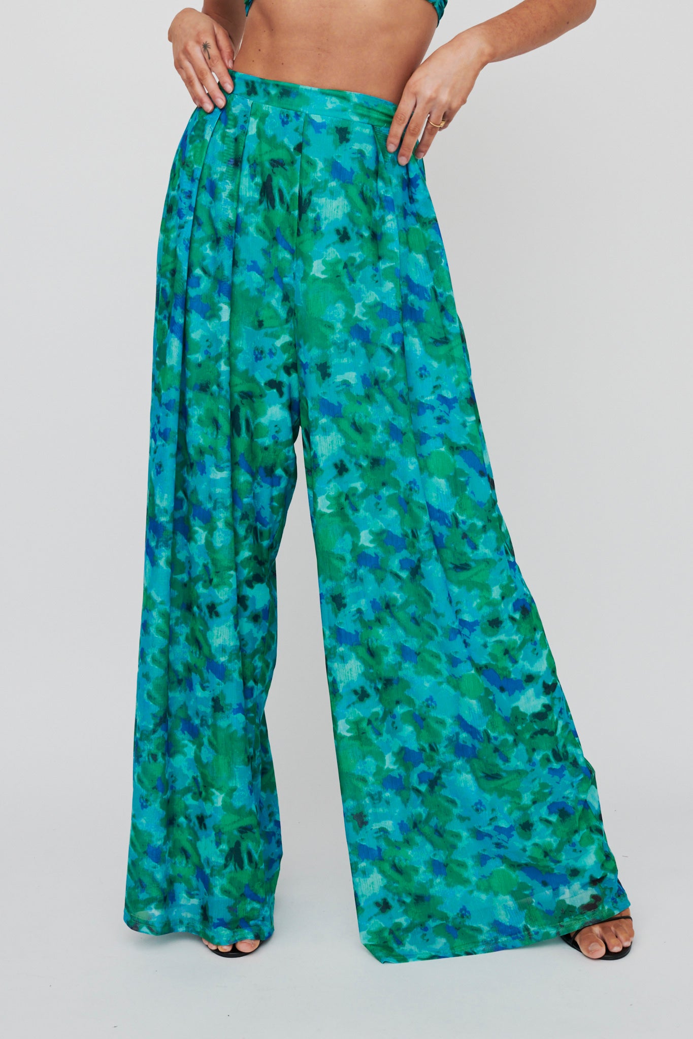 Tammi Wide Leg Satin Pants Floral Green by Selfie Leslie