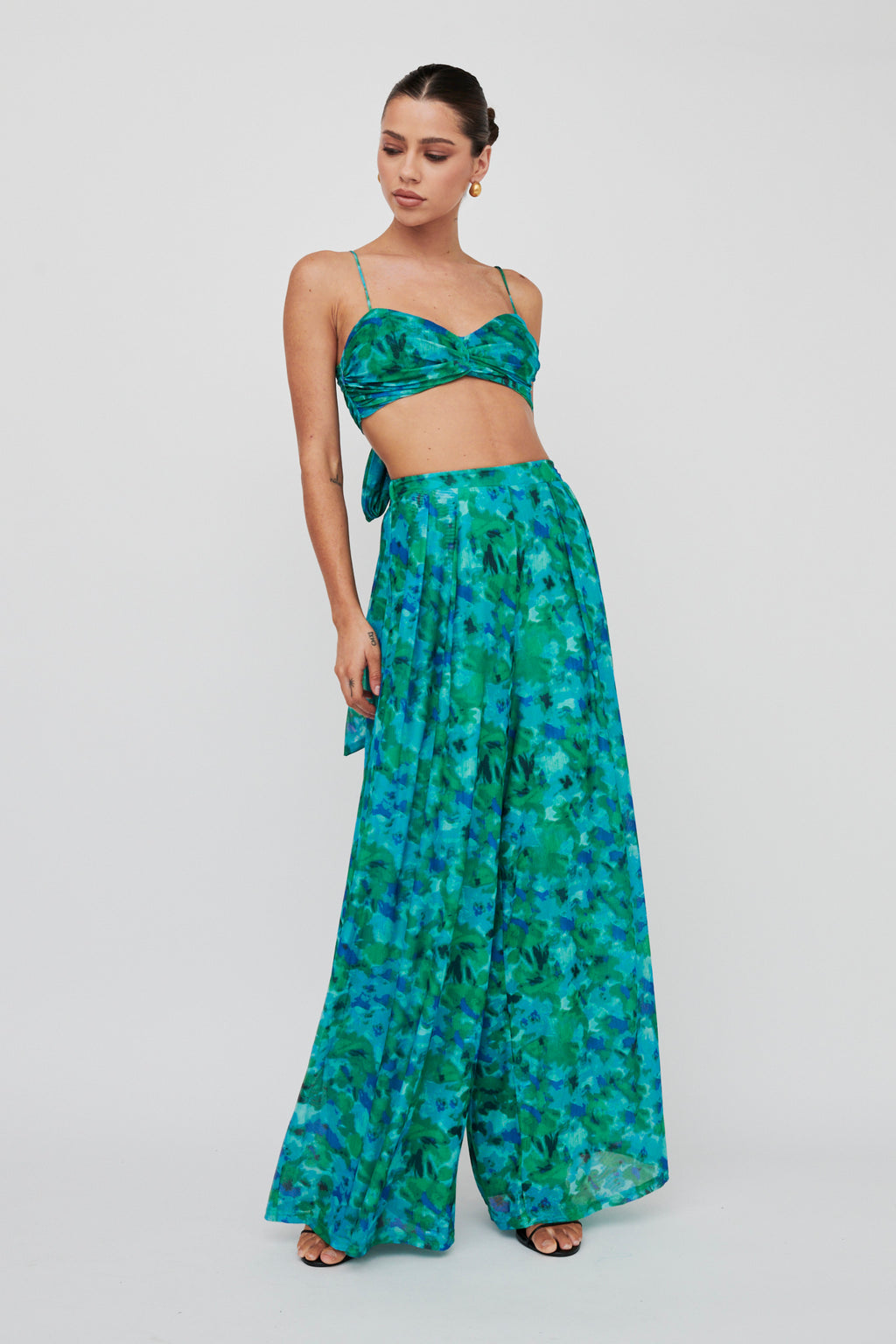 Tammi Wide Leg Satin Pants Floral Green by Selfie Leslie