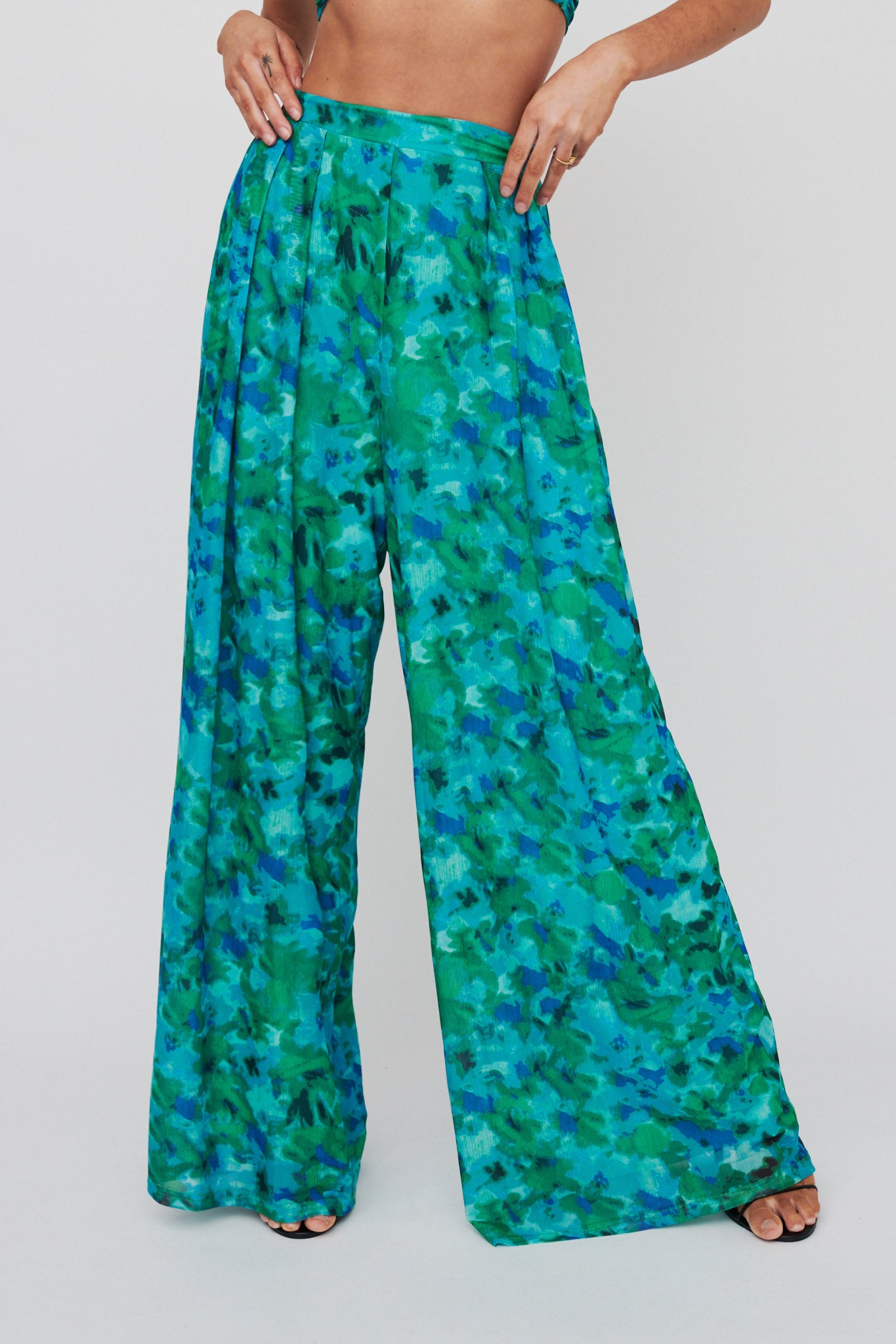 Tammi Wide Leg Satin Pants Floral Green by Selfie Leslie