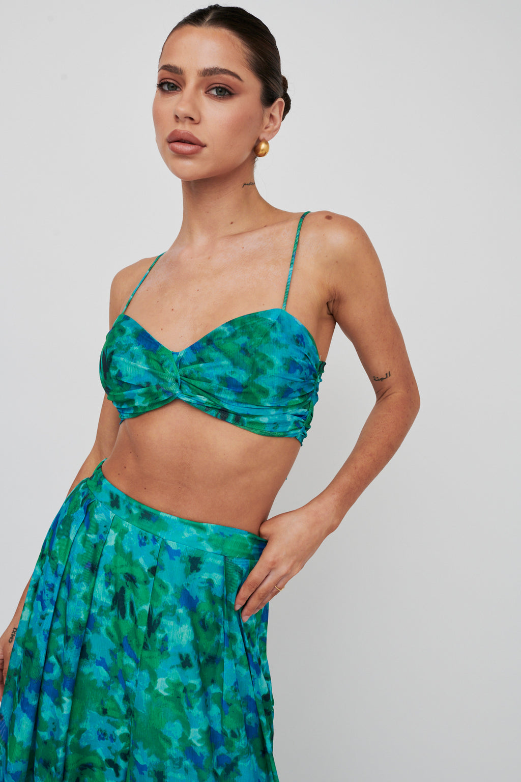 Tammi Tied Back Crop Top Floral Green by Selfie Leslie