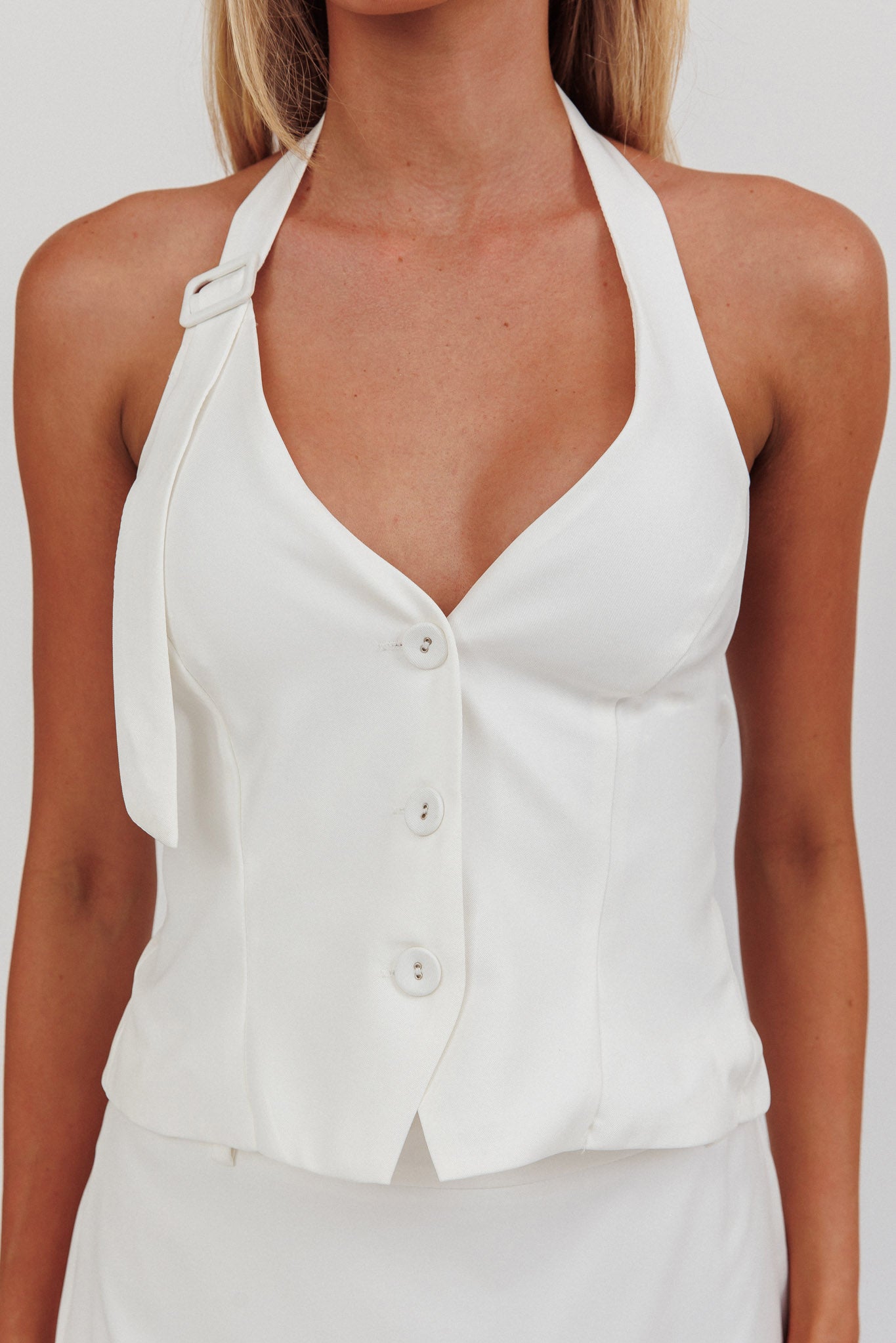 Tammi Halter Buckle Vest Top Off White | Selfie Leslie
