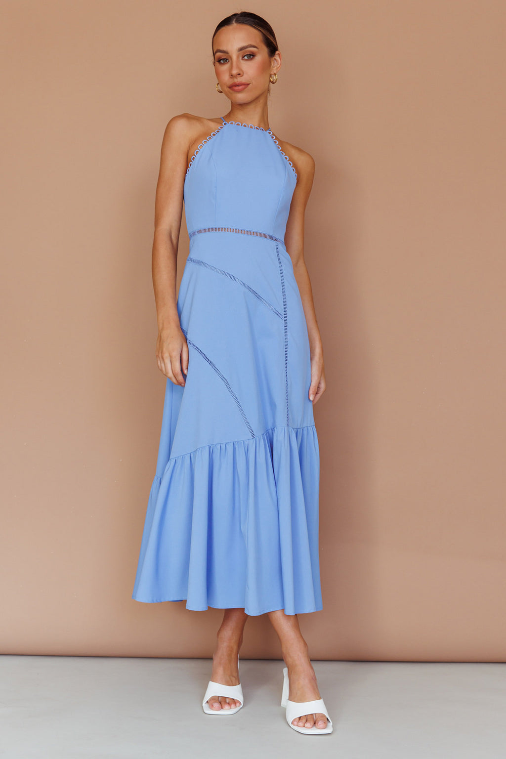 Felini Criss-Cross Back Flounce Midi Dress Blue by Selfie Leslie