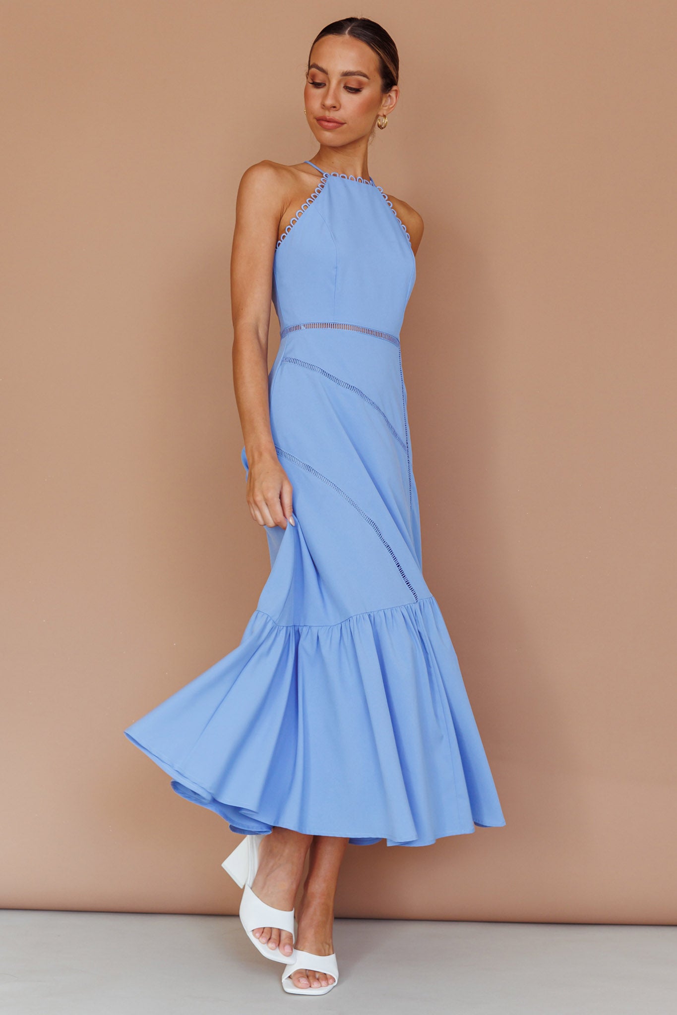 Felini Criss-Cross Back Flounce Midi Dress Blue by Selfie Leslie