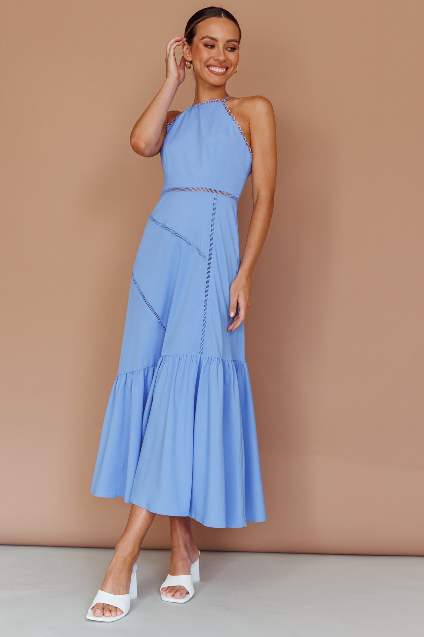 Felini Criss-Cross Back Flounce Midi Dress Blue by Selfie Leslie