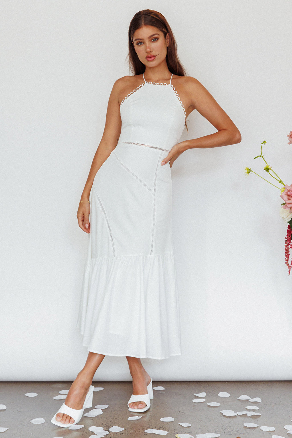 Felini Criss-Cross Back Flounce Midi Dress White by Selfie Leslie