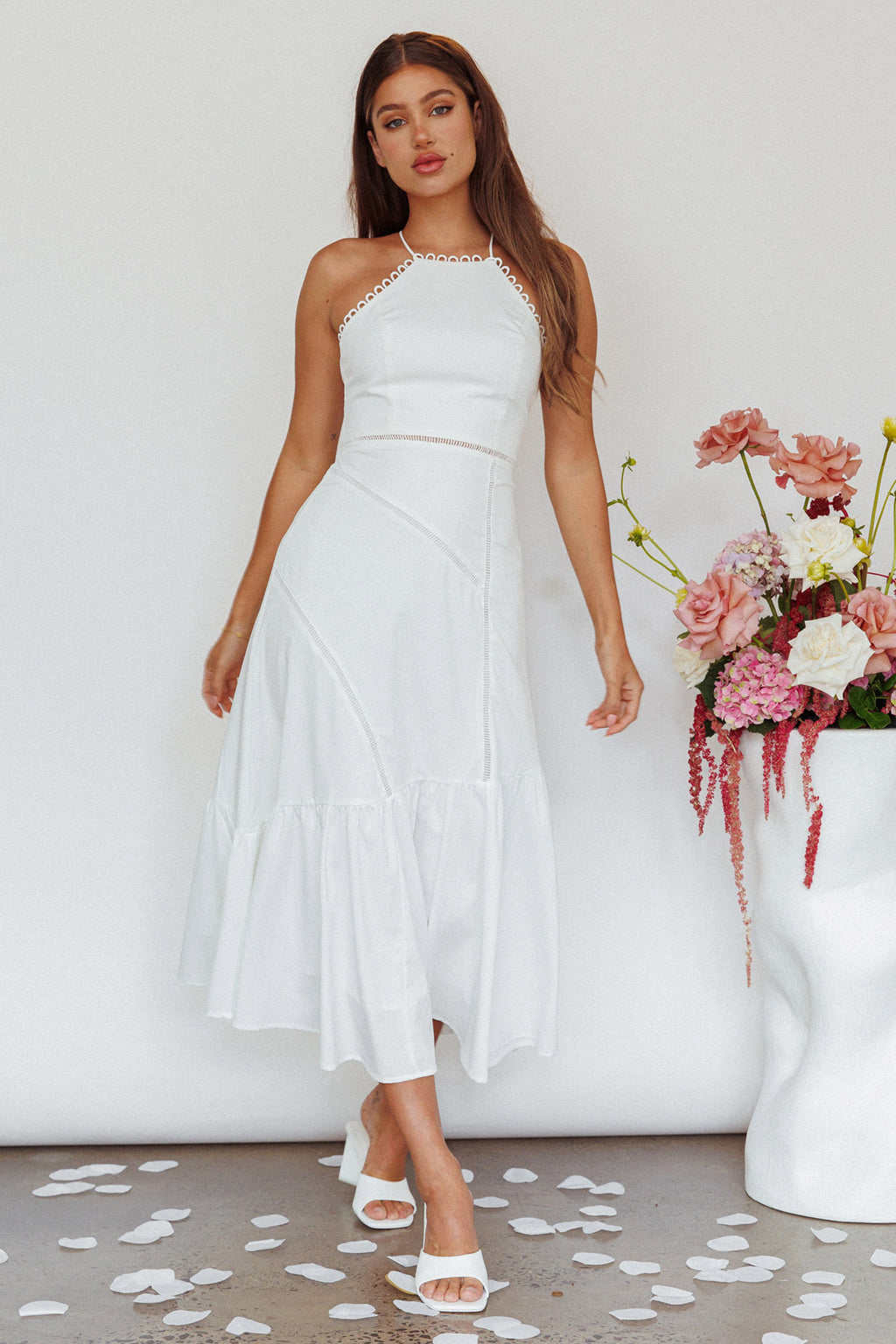 Felini Criss-Cross Back Flounce Midi Dress White by Selfie Leslie