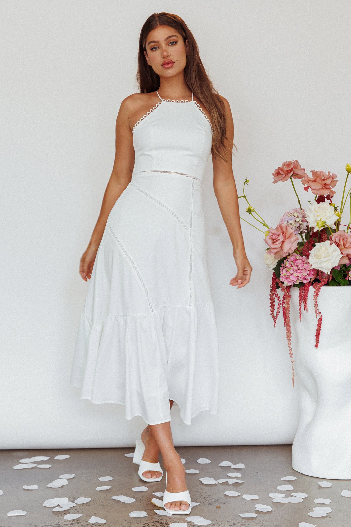 Felini Criss-Cross Back Flounce Midi Dress White by Selfie Leslie