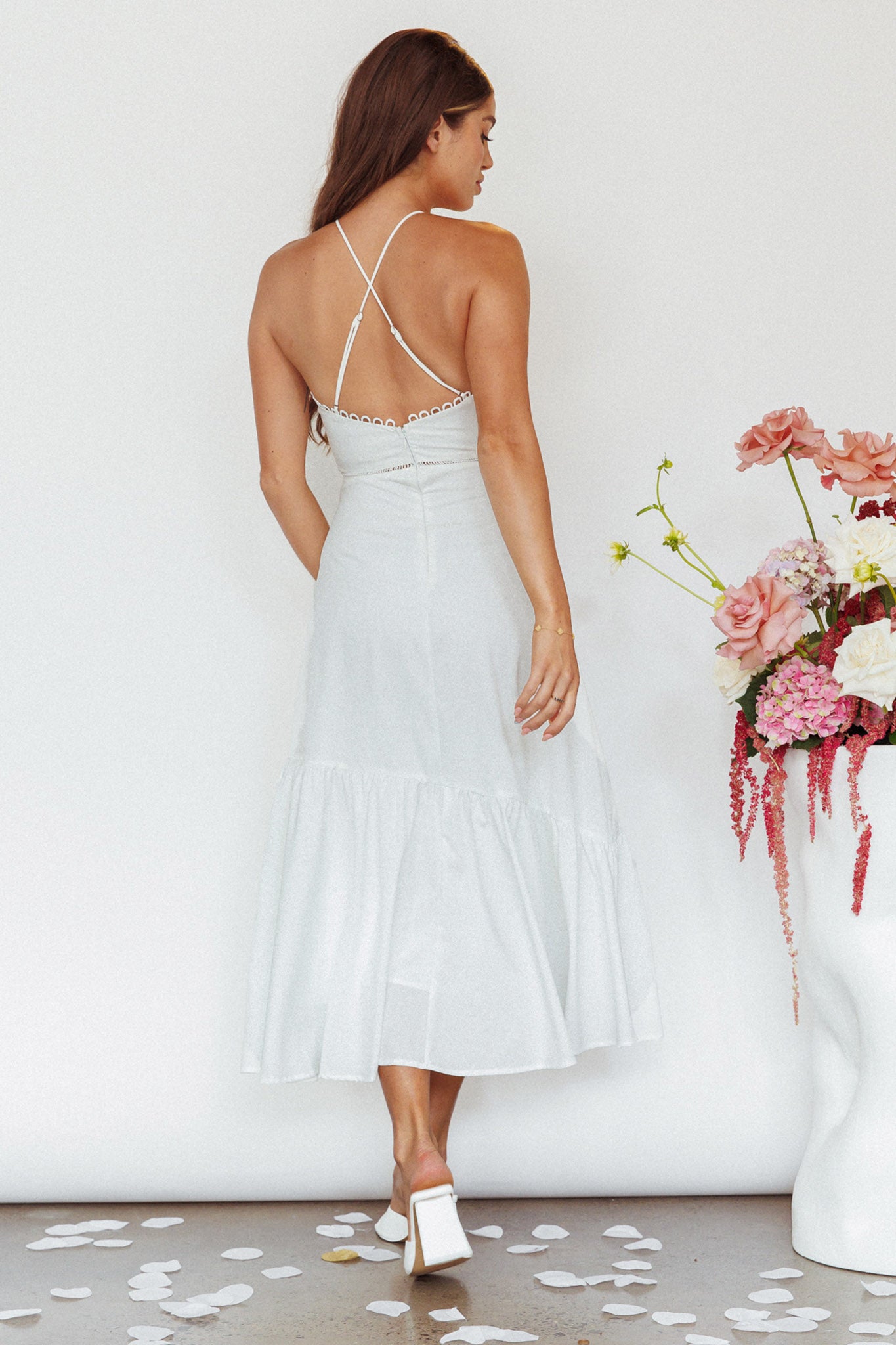 Felini Criss-Cross Back Flounce Midi Dress White by Selfie Leslie