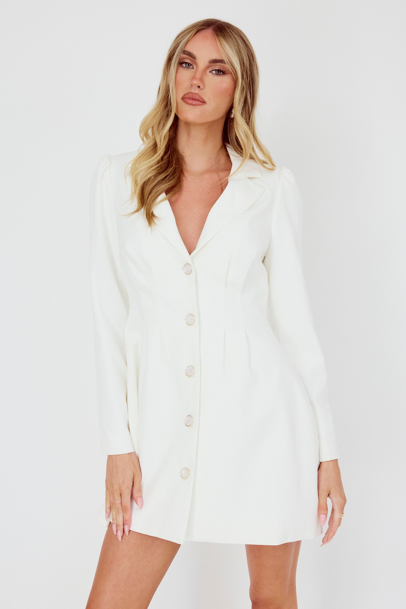 Miracle Button Front Pintuck Mini Dress White by Selfie Leslie