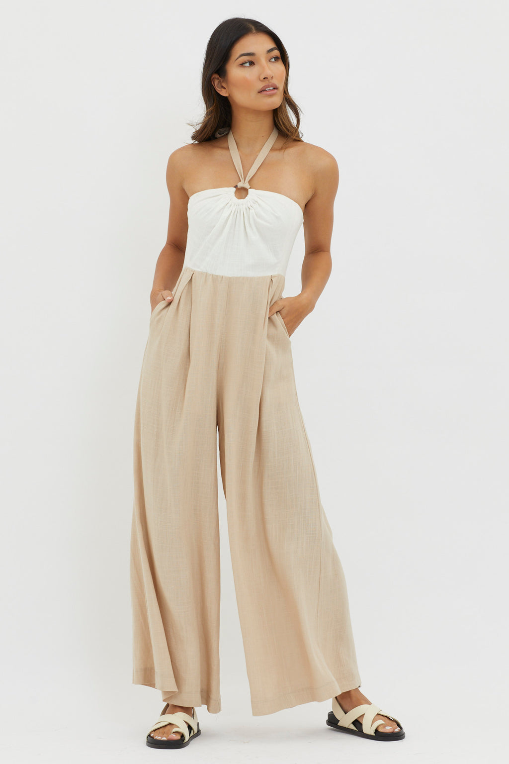 Maryn Wide Leg Halterneck Jumpsuit Beige by Selfie Leslie