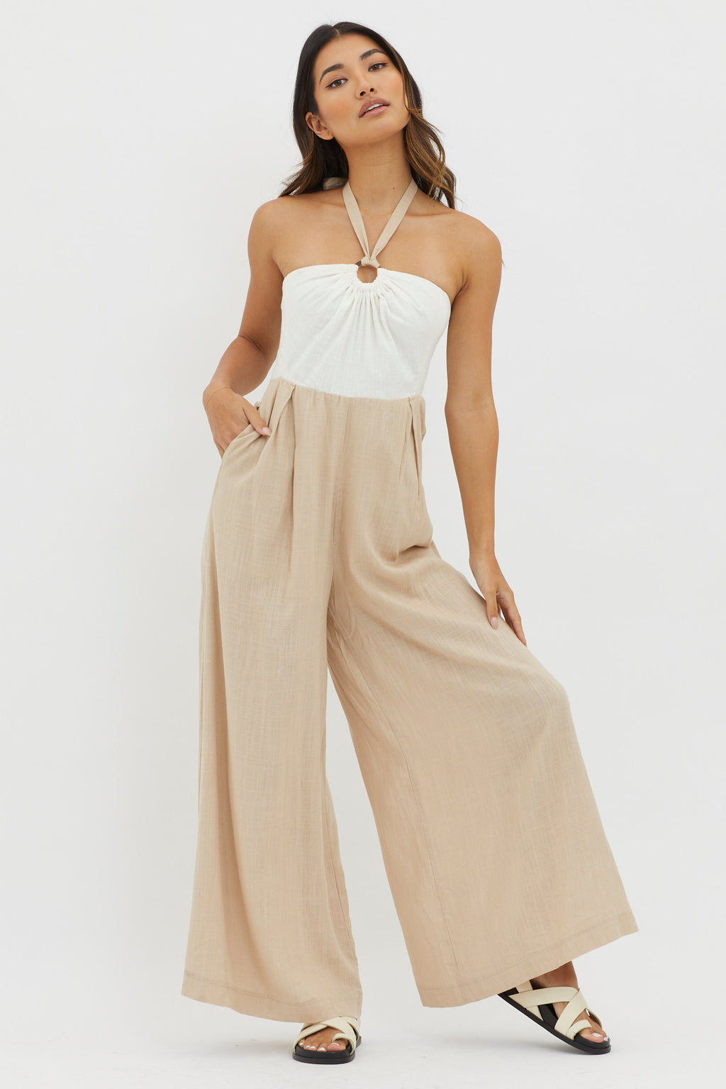 Maryn Wide Leg Halterneck Jumpsuit Beige by Selfie Leslie