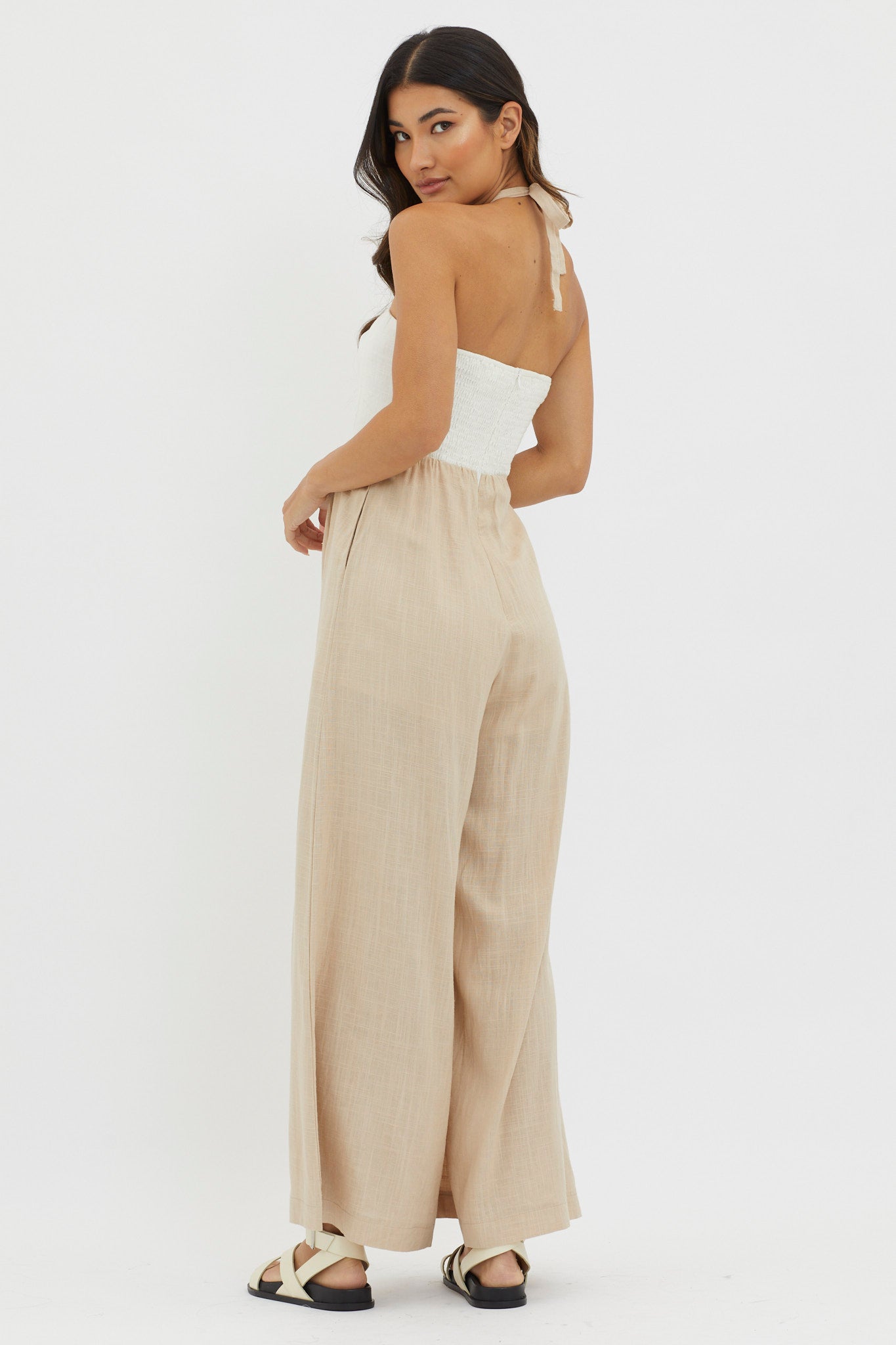 Maryn Wide Leg Halterneck Jumpsuit Beige by Selfie Leslie